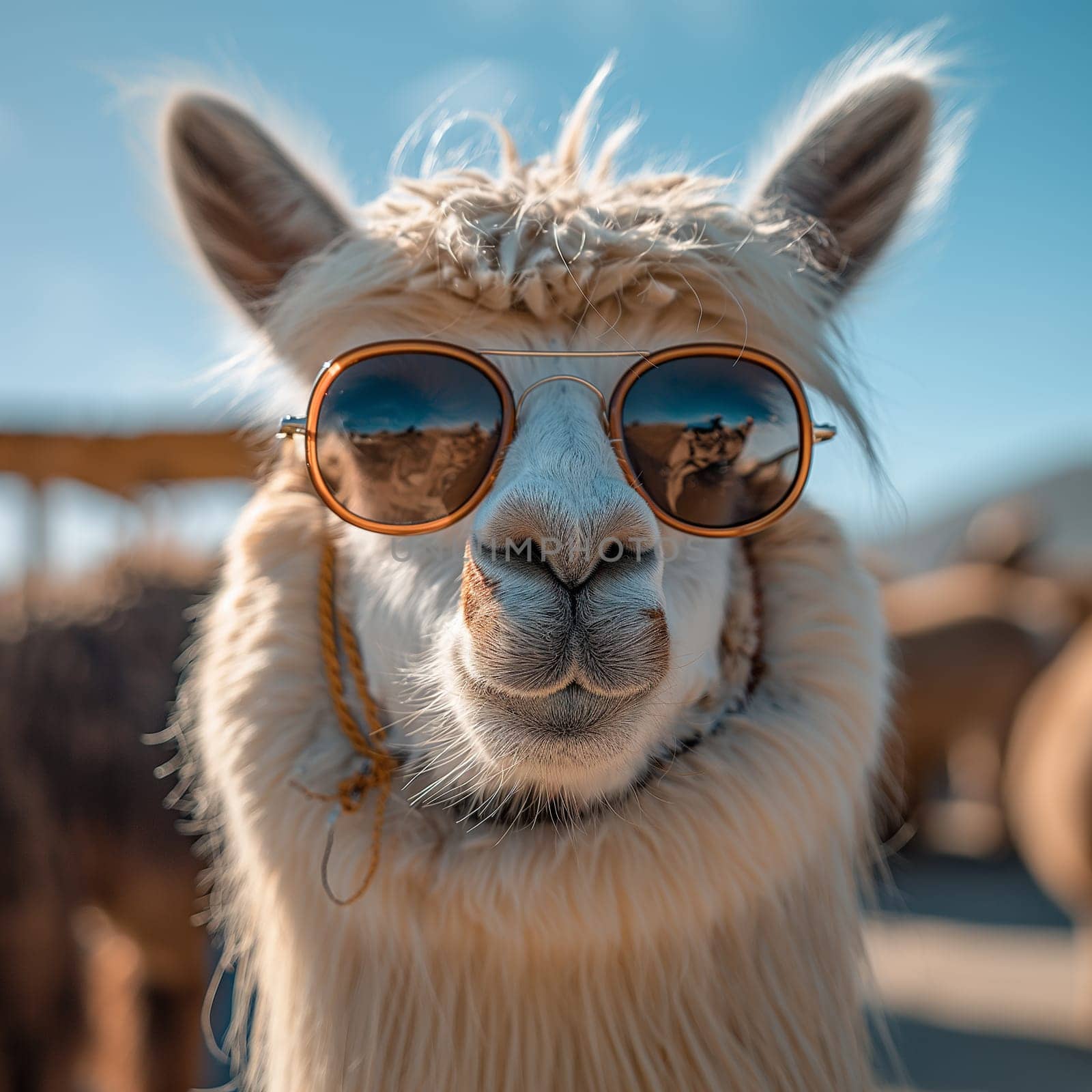 Cool llama wearing sunglasses under a sunny blue sky with fur reflecting the summer vibes
