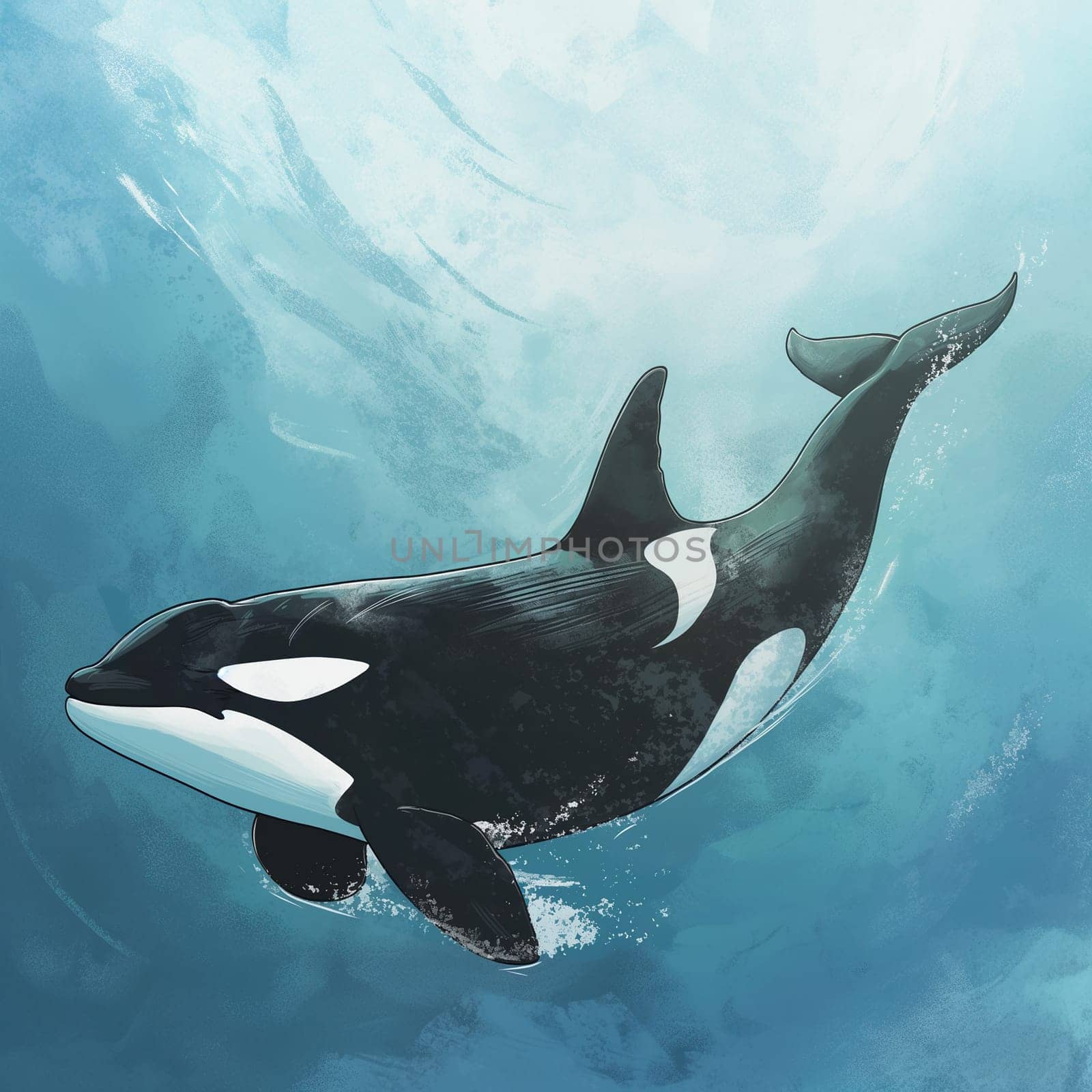 Orca whale swimming in the ocean&#58; marine wildlife creature in blue aquatic water