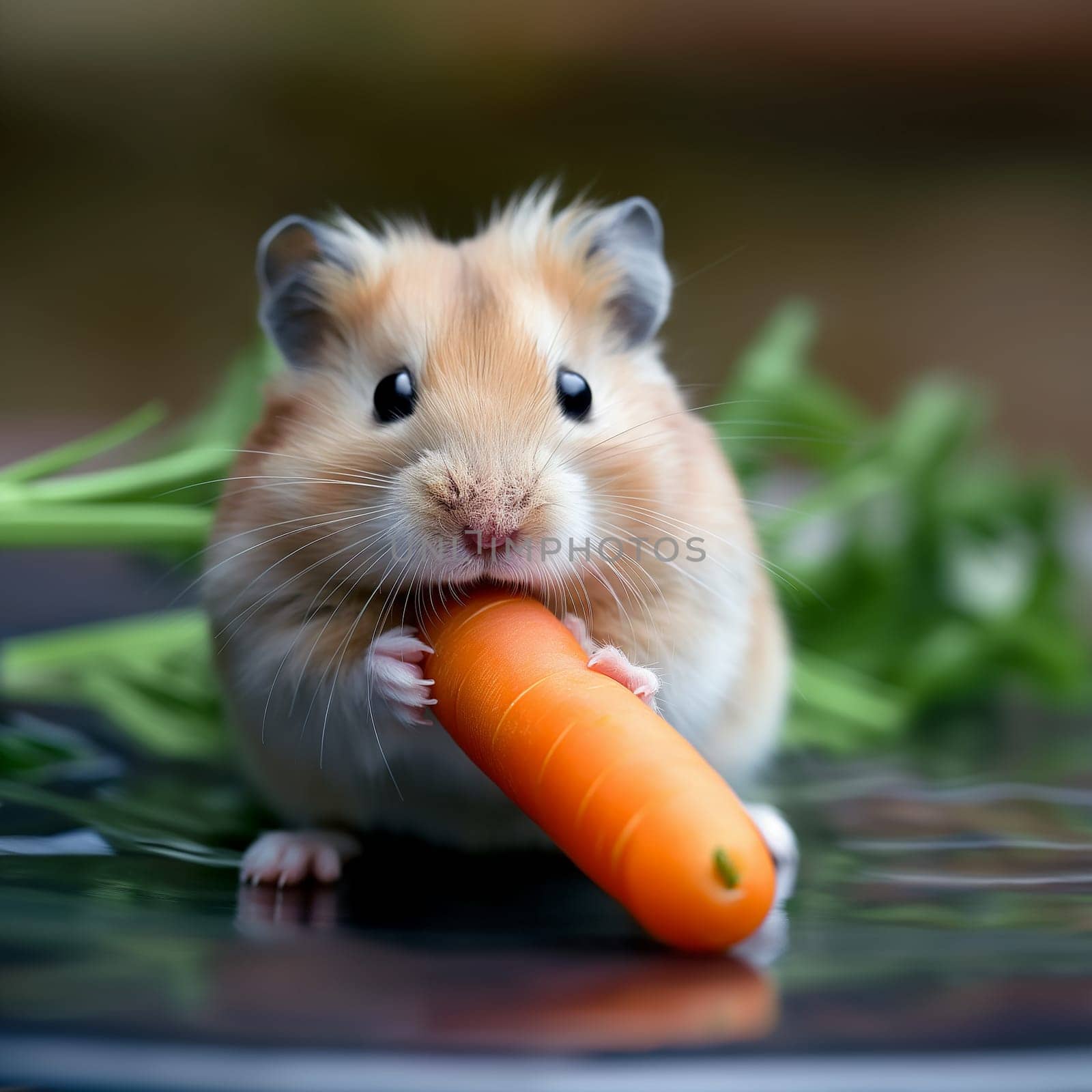 Cute furry hamster holding a carrot with tiny paws on a green plate