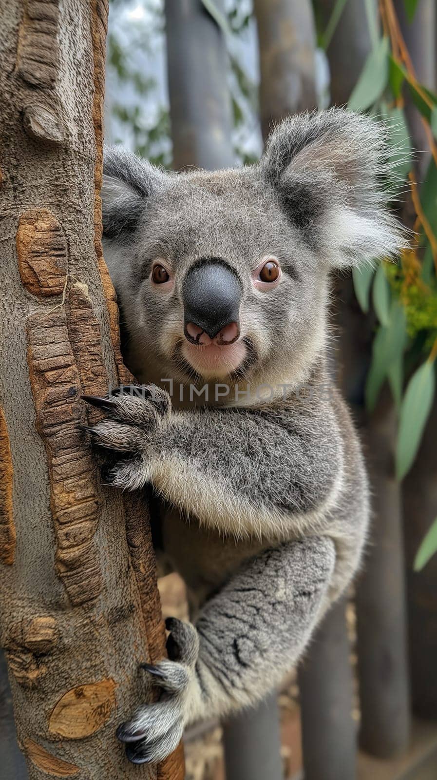 Koala climbing a tree in its natural habitat, showcasing the cute marsupial's wildlife in Australia.