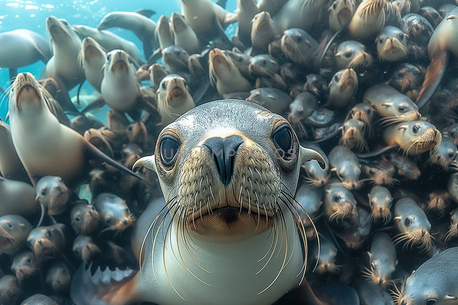 Underwater close-up of a group of seals in their natural ocean habitat with whiskers visible