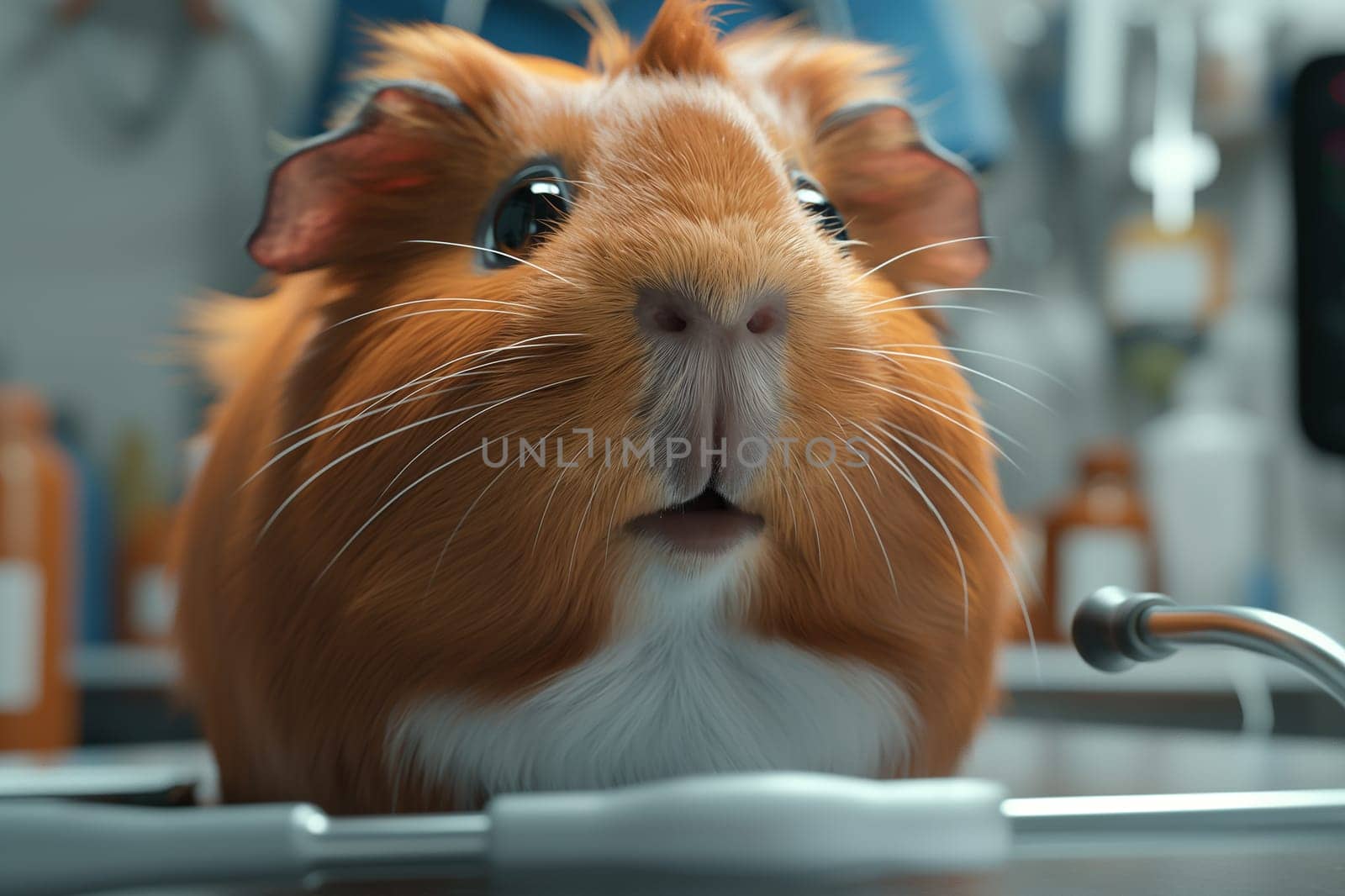 Cute brown furry hamster with adorable eyes and fluffy fur in a veterinary clinic setting