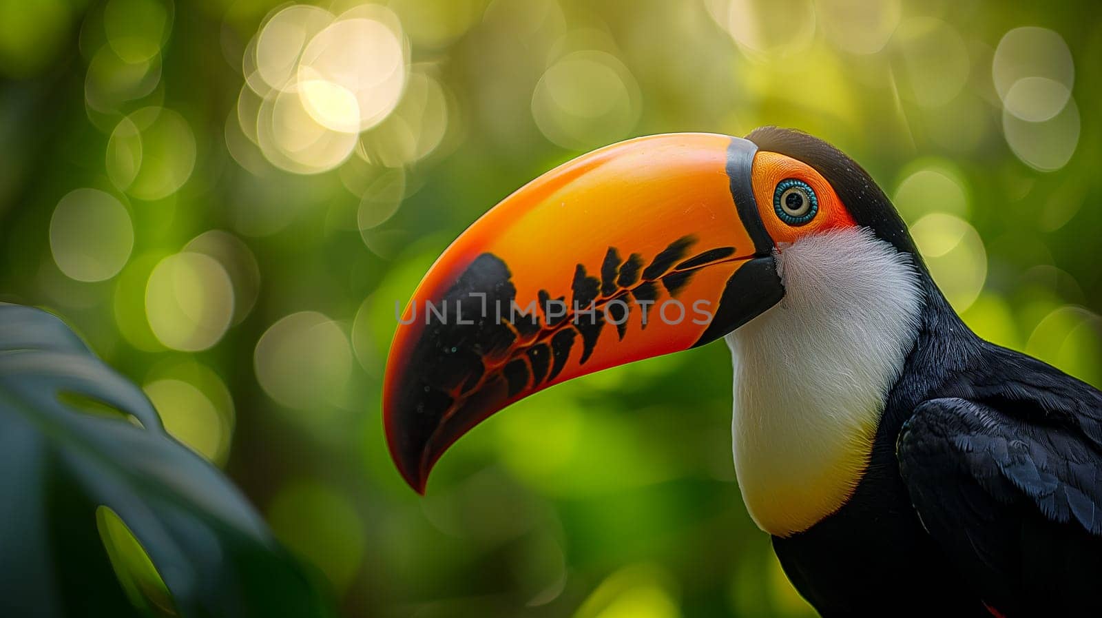 Colorful toucan with a bright orange beak perched on a branch in tropical jungle wildlife