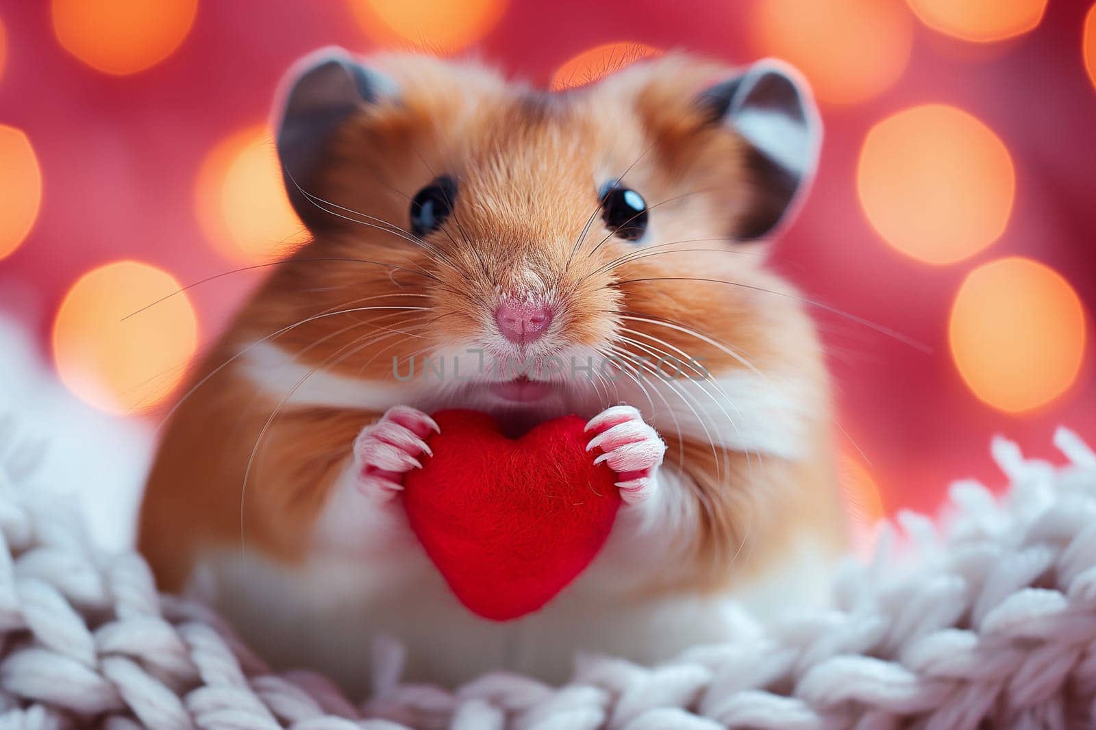 Cute hamster holding red heart on a soft blanket with adorable expression, ideal for Valentine's Day stock images