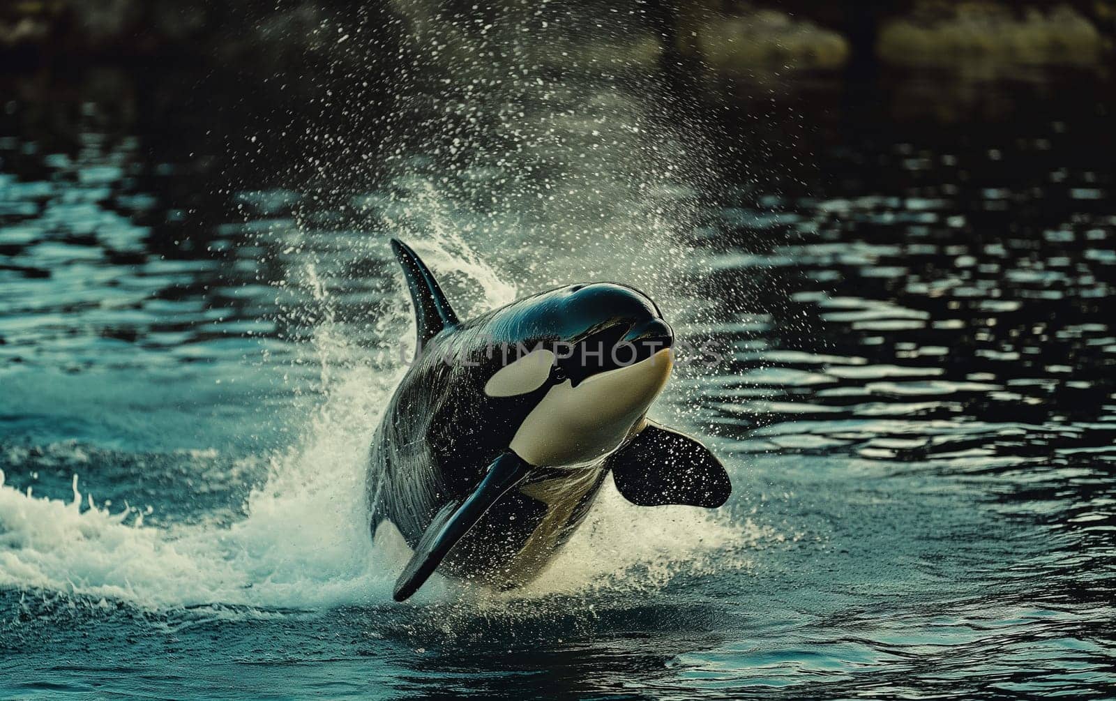Orca jumping and splashing in water, showcasing marine wildlife in its natural sea habitat