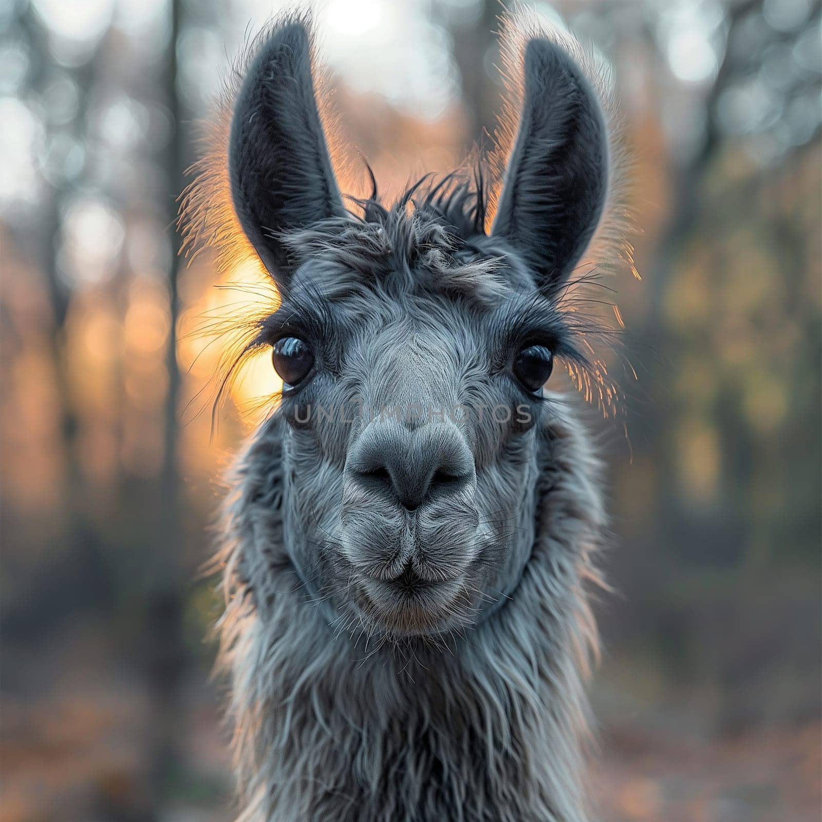 Llama mammal animal in the forest at sunset portrait with fur and nature wildlife closeup