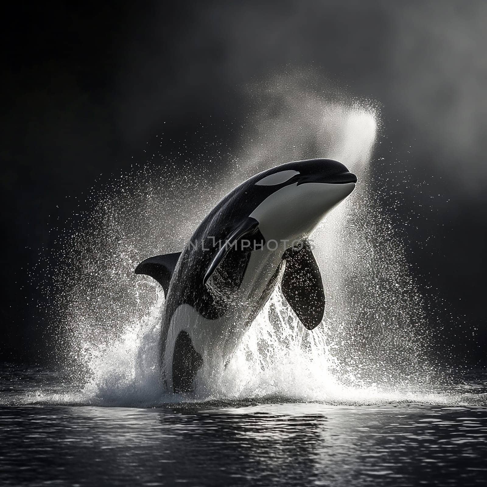 Orca whale jumping with a spectacular splash in the ocean showing black and white colors