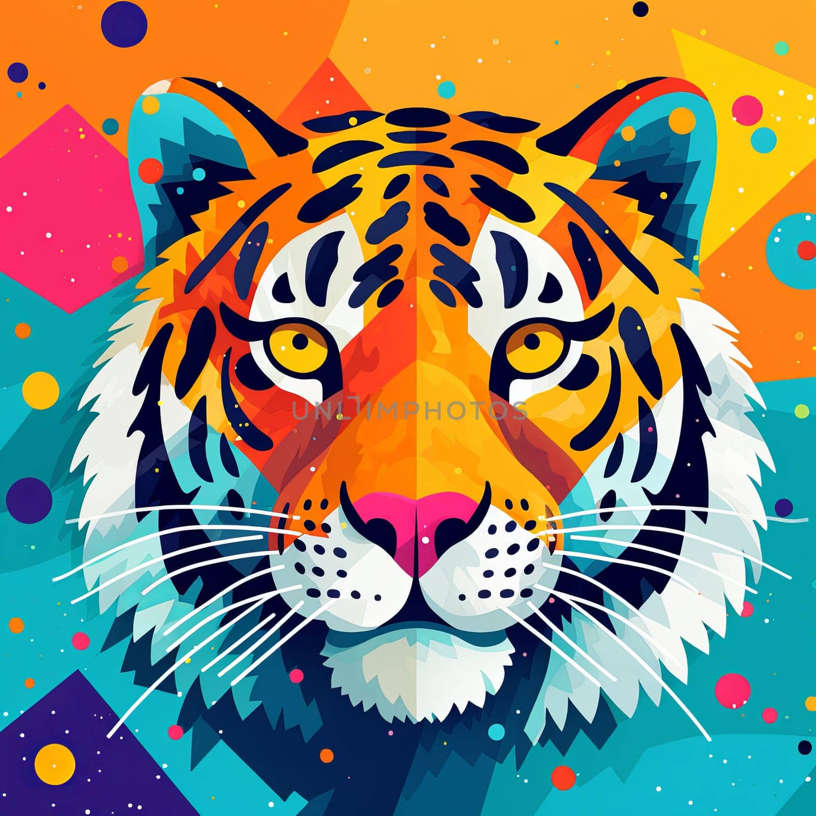 A colorful cartoon illustration of a tiger with polka dots texture against blue background. In the style of playful geometric shapes, editorial illustrations, multilayered collages, flat style, bold colors, unique hand drawn textures, minimalistic, cetered in the middle with negative space around.