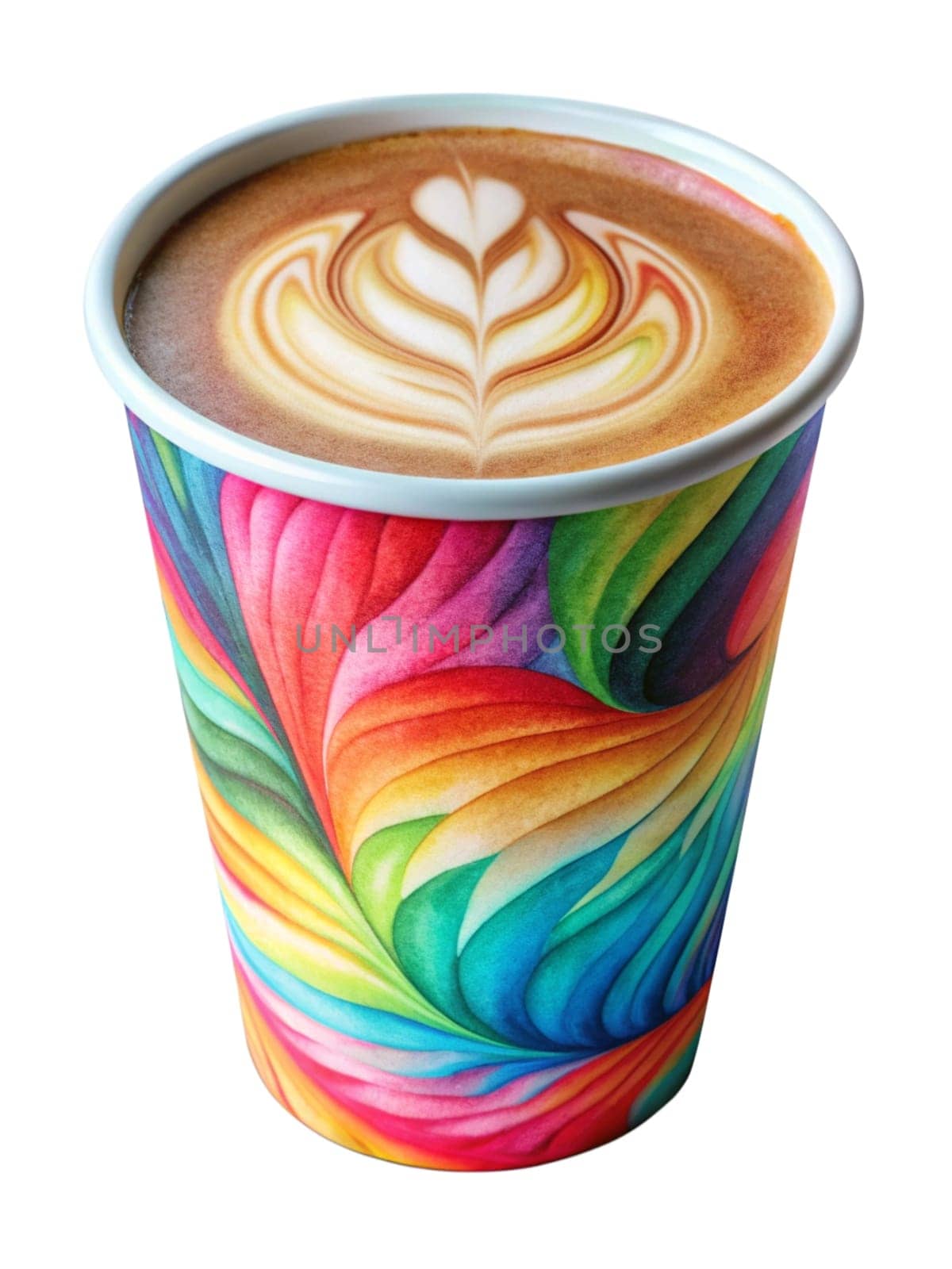 Cappuccino with beautiful heart shape latte art in the paper to-go cup isolated on white background. Take away coffee concept. Ai generated image