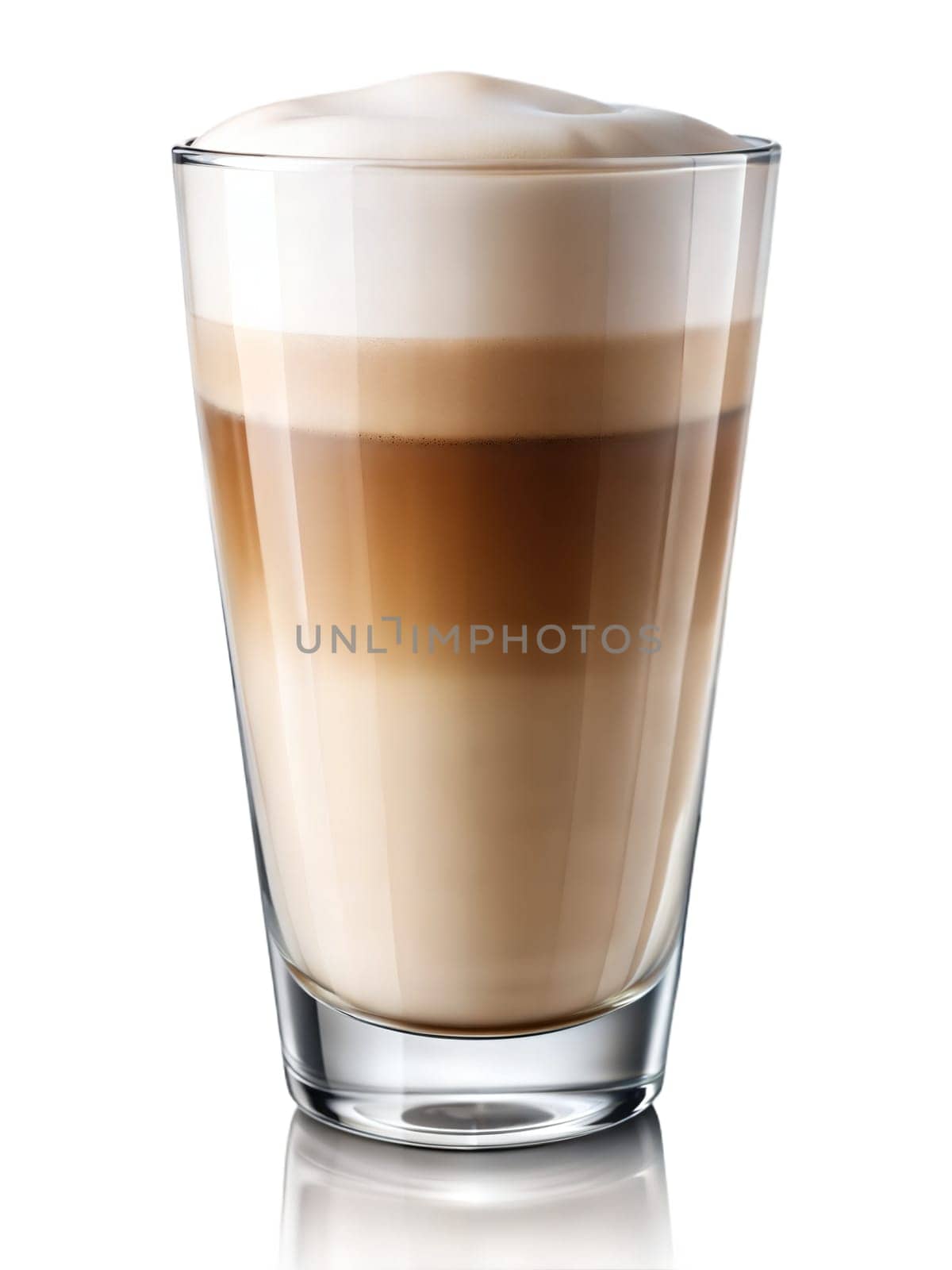 Hot layered latte coffee on glass isolated white background, cappuccino coffee in glass. Ai generated image