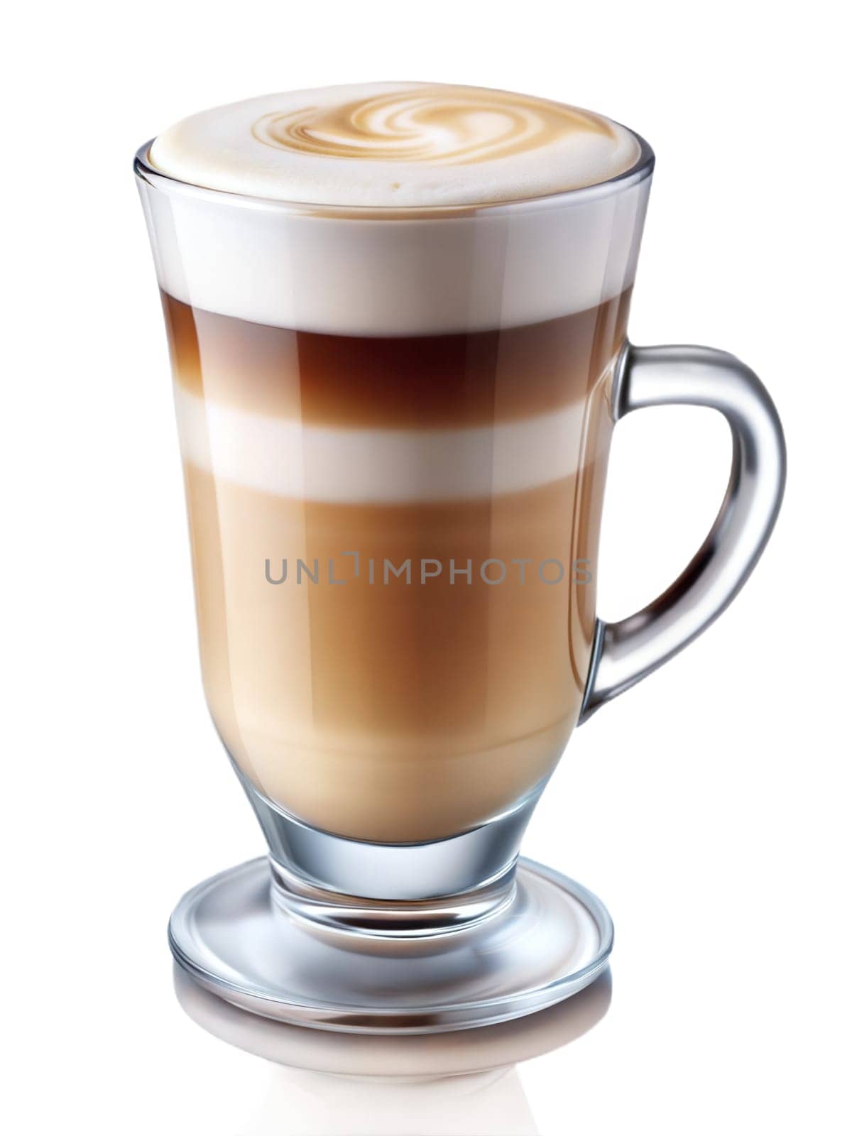 Hot layered cappuccino coffee on glass isolated white background, latte coffee in glass. Ai generated image