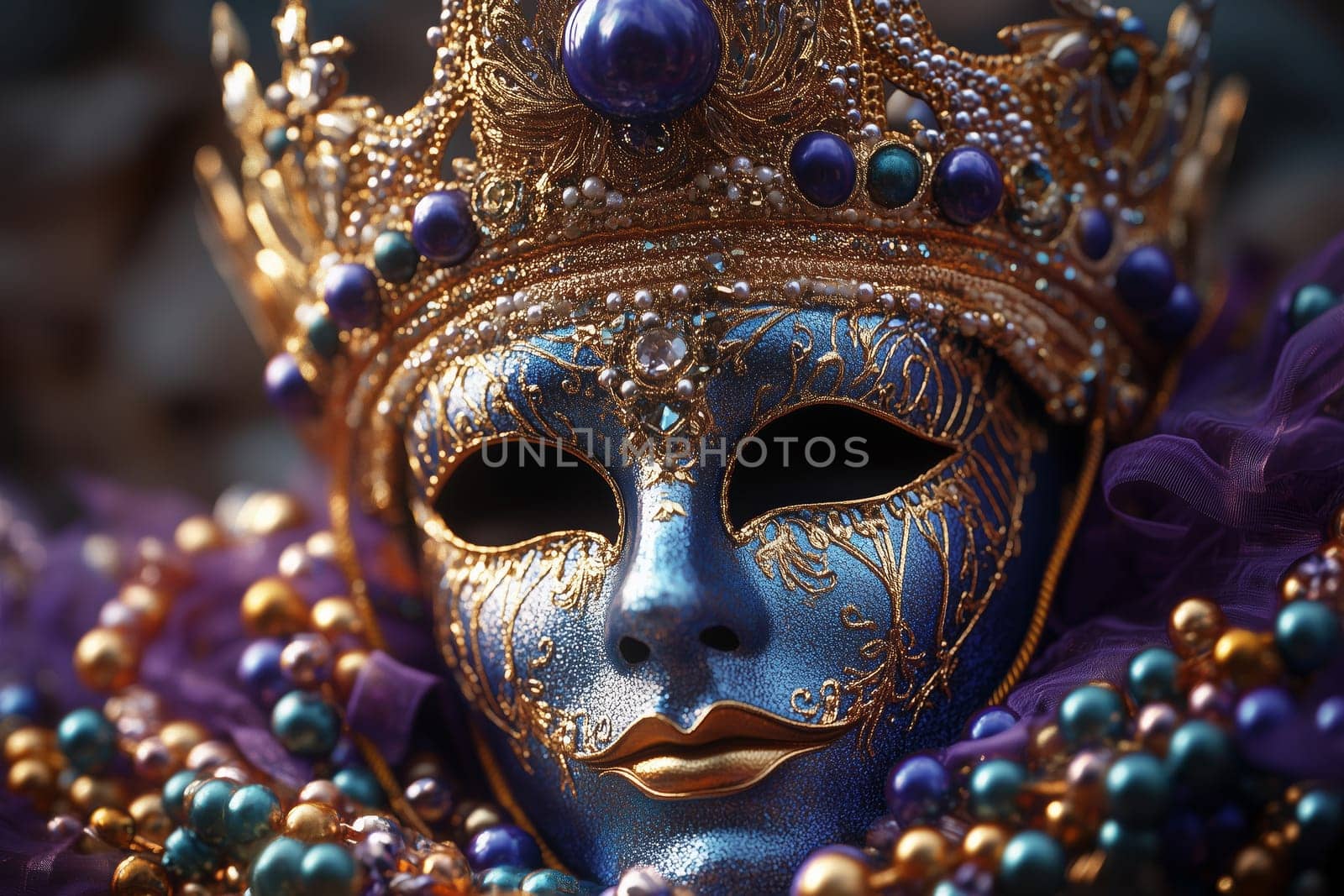 Brilliantly decorated with golden accents and vibrant beads, this elaborate mask embodies the essence of mystery and festivity, evoking the allure of a grand masquerade celebration.
