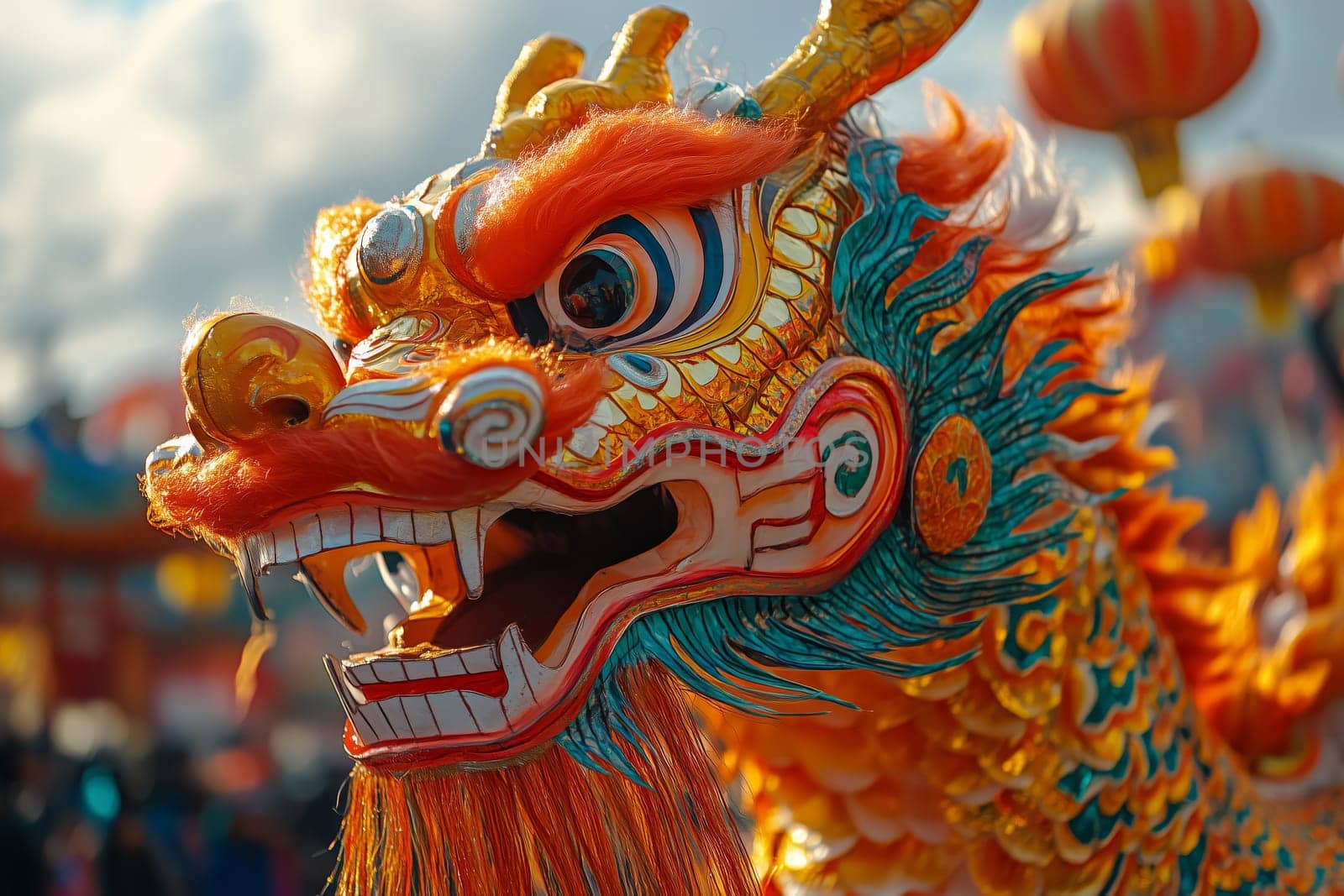A magnificent dragon, adorned in vivid colors, dances energetically through the bustling streets as festival-goers cheer joyfully. Lanterns sway above, enhancing the festive atmosphere.