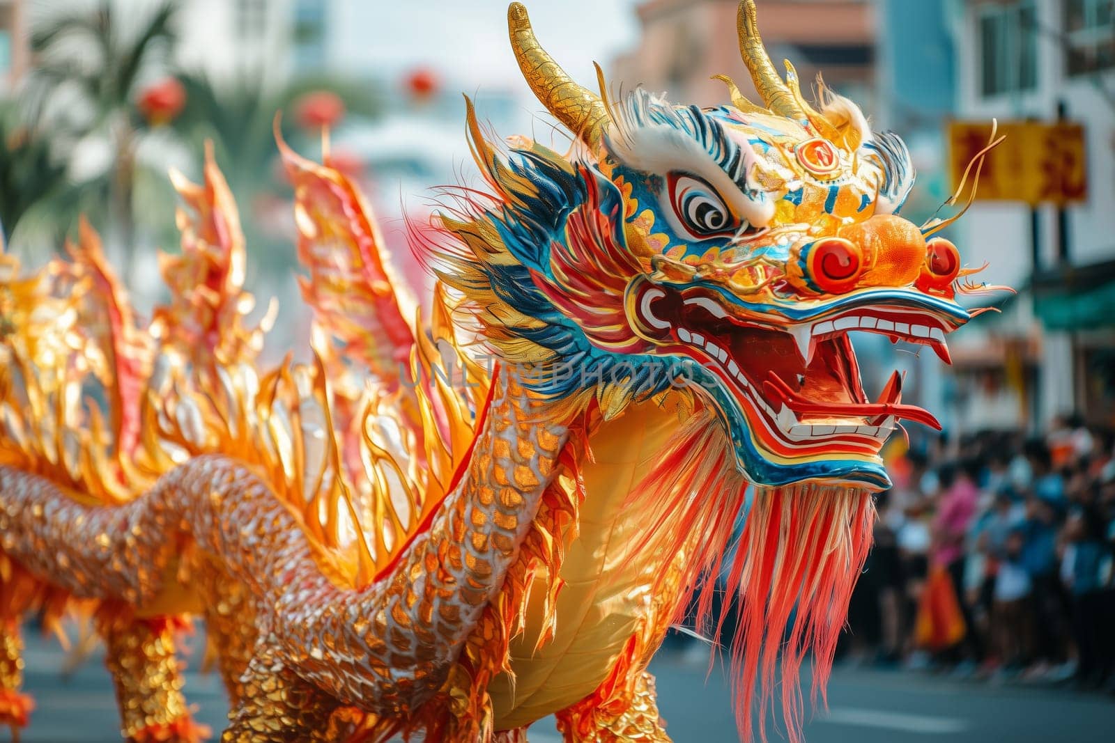 Brightly colored dragons weave through the streets, captivating onlookers with their lively movements and energetic drums, celebrating a rich cultural heritage.