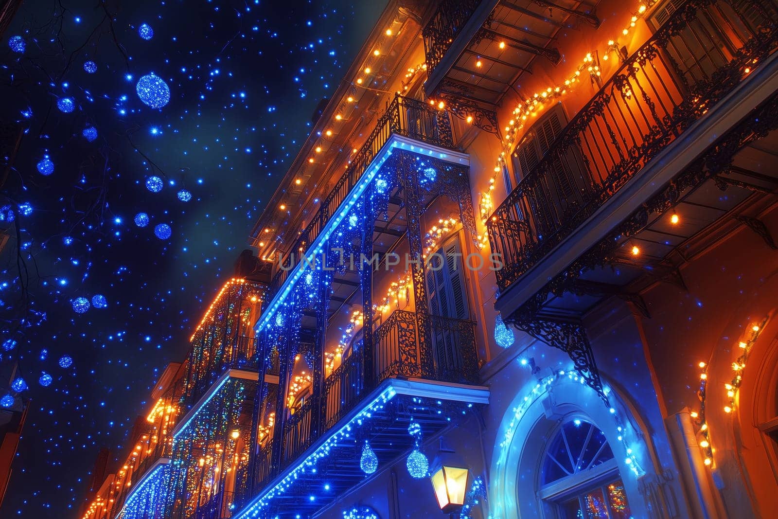 A lively French street comes alive at night, illuminated by twinkling lights and vibrant decorations. Balconies glow, creating a magical holiday atmosphere.