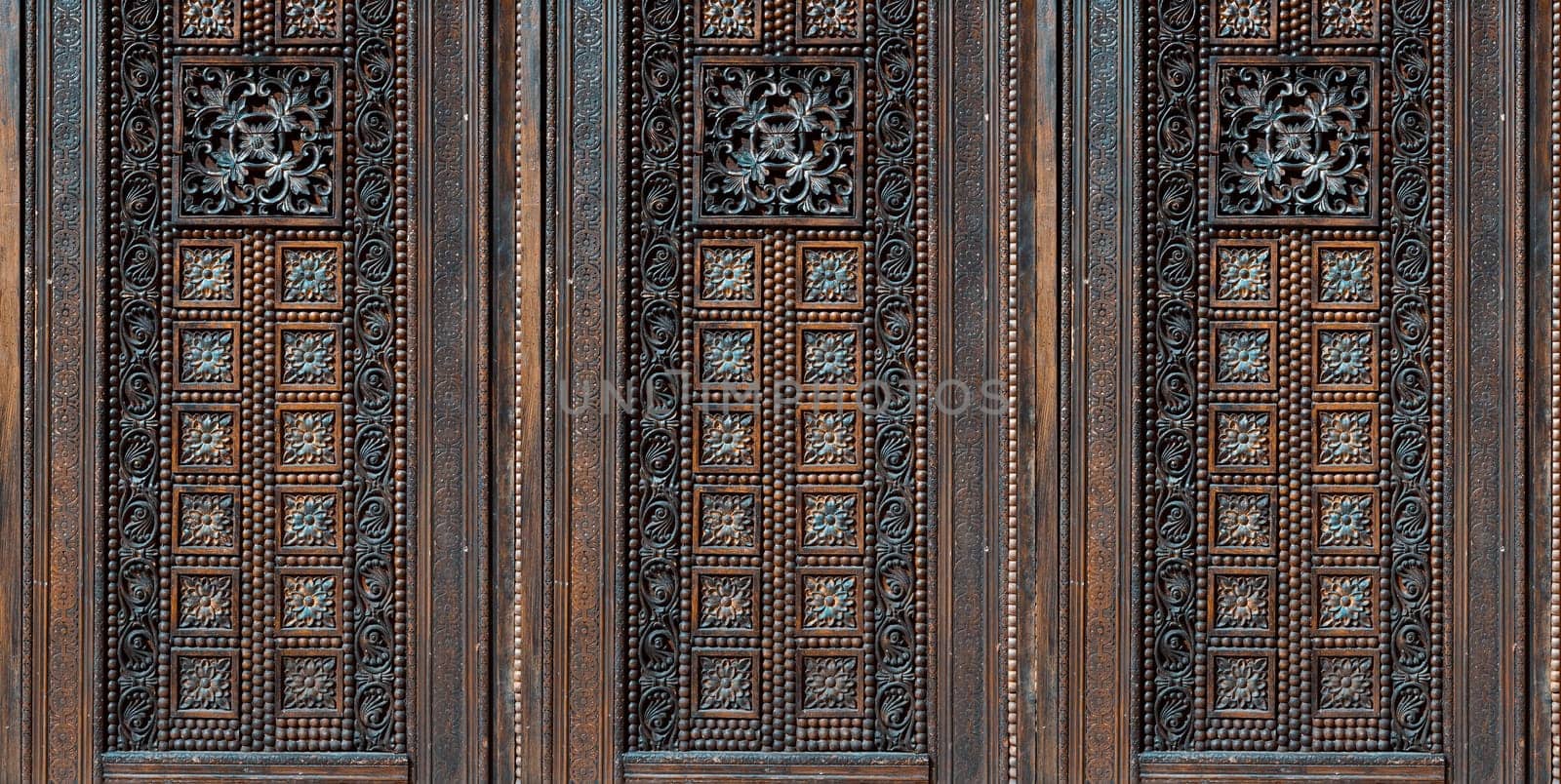 Beautiful wood carving, handmade door in muslim oriental style. Exploring arabic countries.