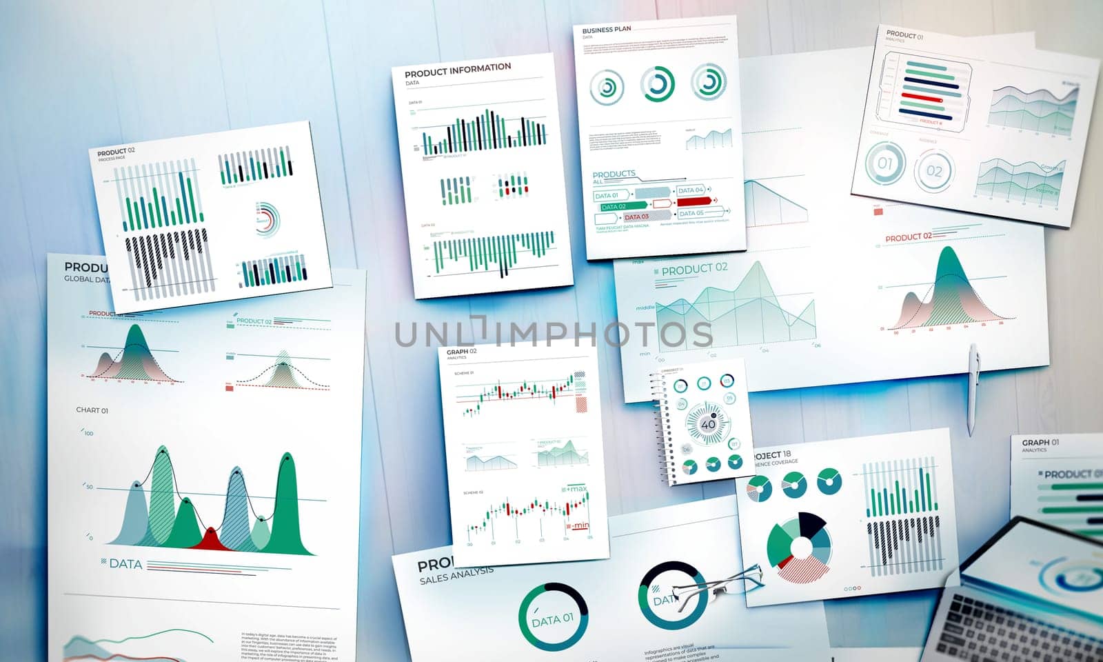 Top view of documents with business data charts on an office table.