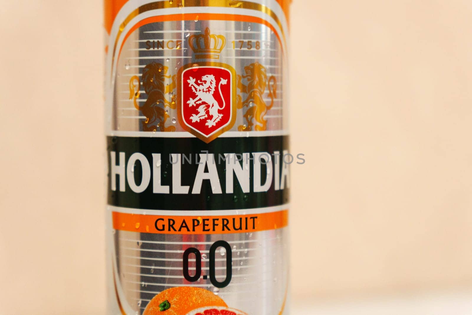Tyumen, Russia-September 06, 2024: Non alcoholic beer Hollandia can close up against white. Brewed in Holland, since 1758.