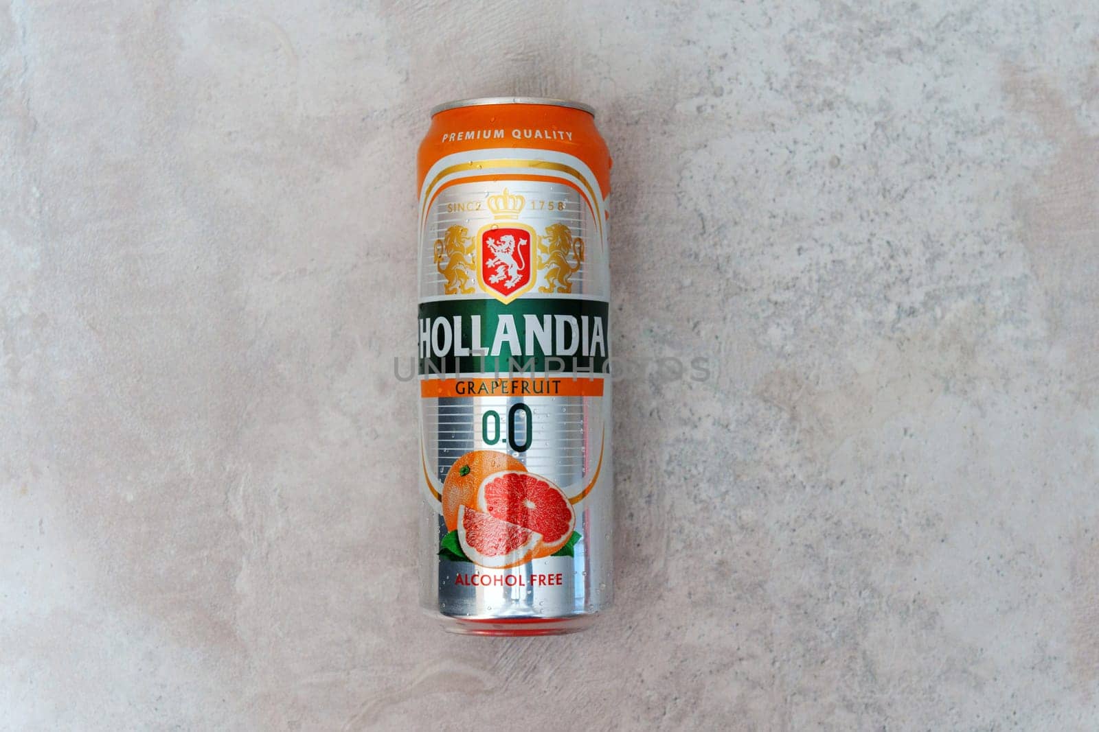 Tyumen, Russia-September 06, 2024: Non alcoholic beer Hollandia can close up against white. Brewed in Holland, since 1758.