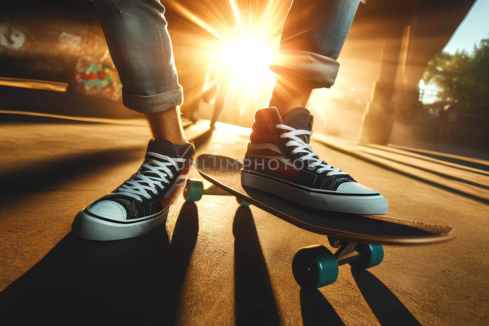 legs on a skateboard, captured from a low angle with sunlight filtering through the background.