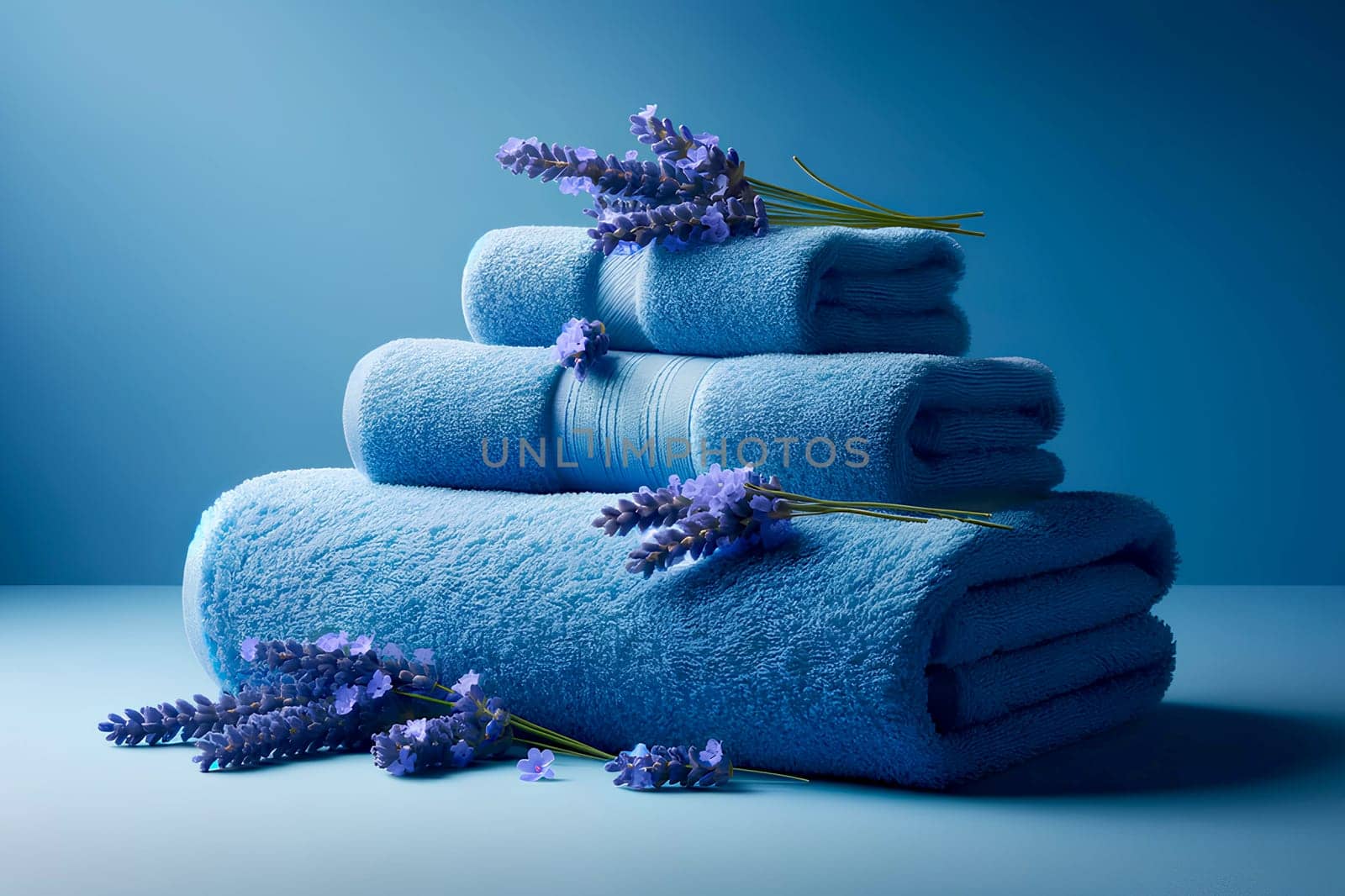 a stack of blue plush terry towels and several sprigs of lavender on a blue background.