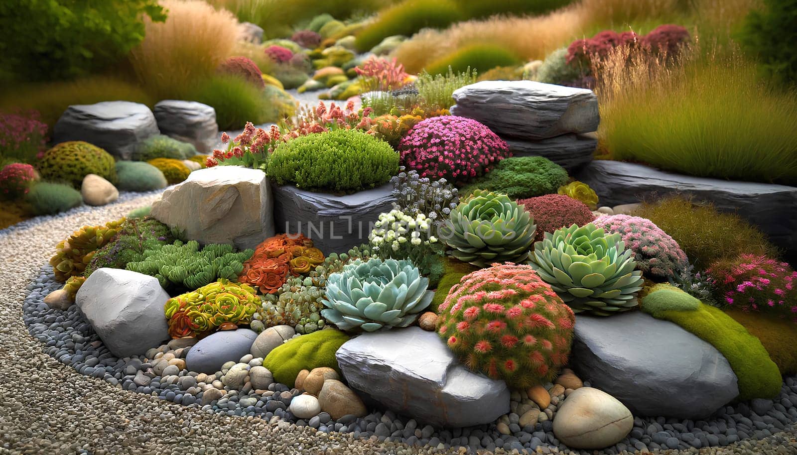 an alpine rock garden in landscape design close-up