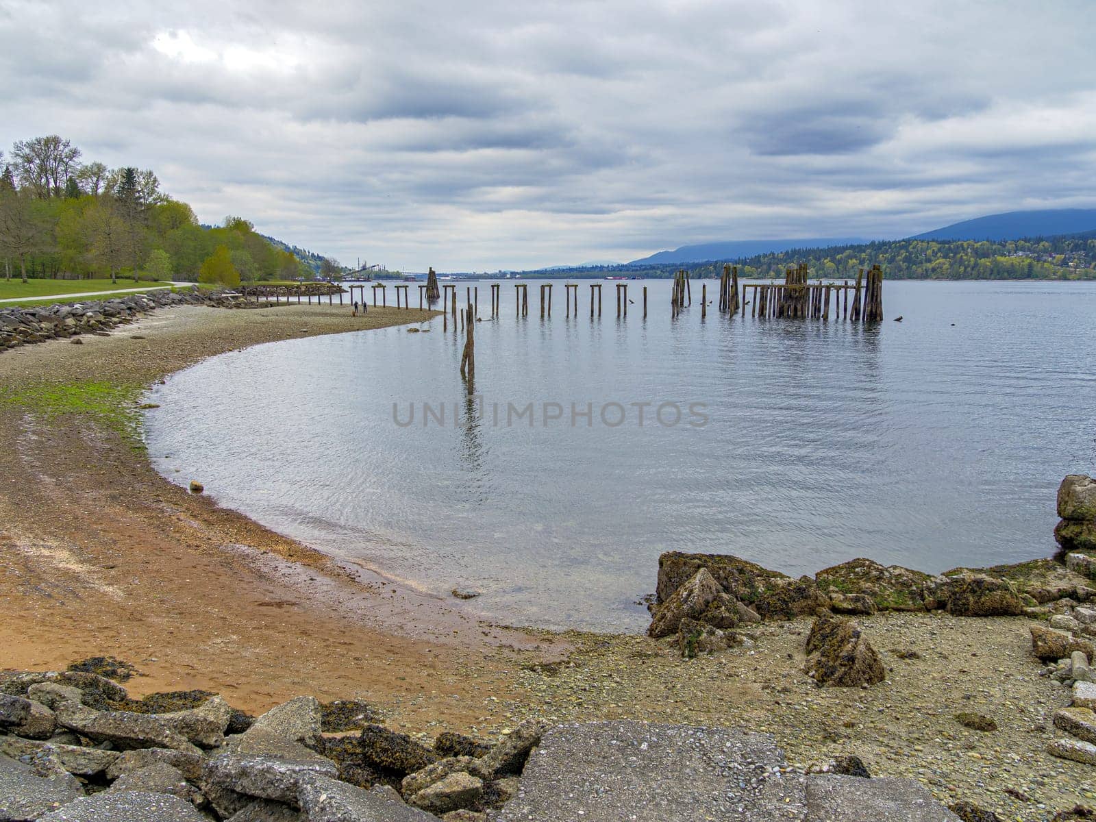 Round inlet and waterfront park with old wooden pier in the water. Pacific ocean bay in Vancouver, Barnet marine park
