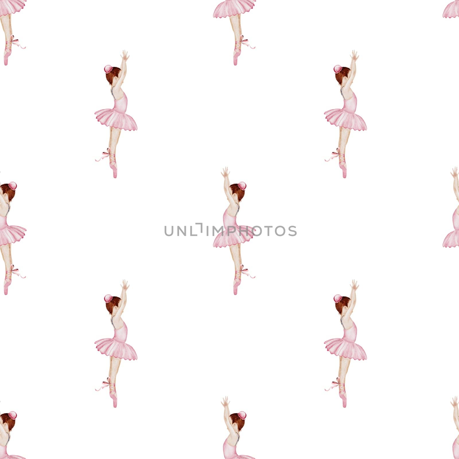 Ballerina watercolor pattern. Hand drawn seamless incredible girl dancer in pink tutu skirt. Clip art on isolated white background of cute ballet beauty.Ideal for baby textiles