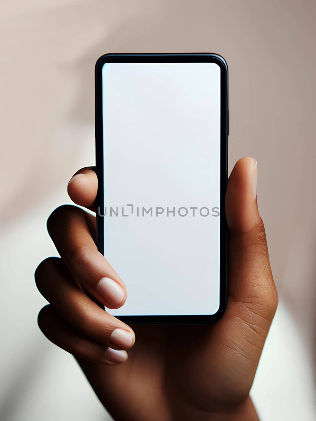 a smartphone with a white screen in the hand of a Black woman, close-up