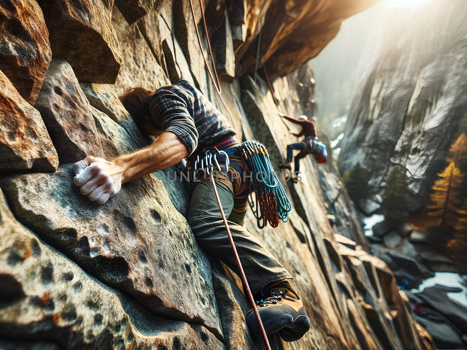 climbers on the rock tensely hold on to the rocky surface with their fingers.