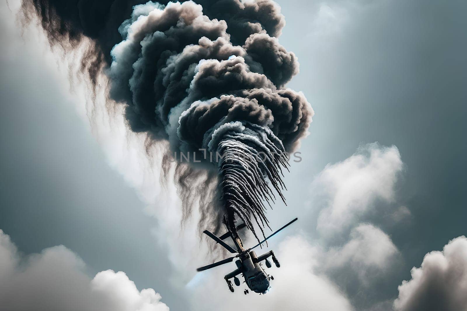 a smoking helicopter falling from the sky.