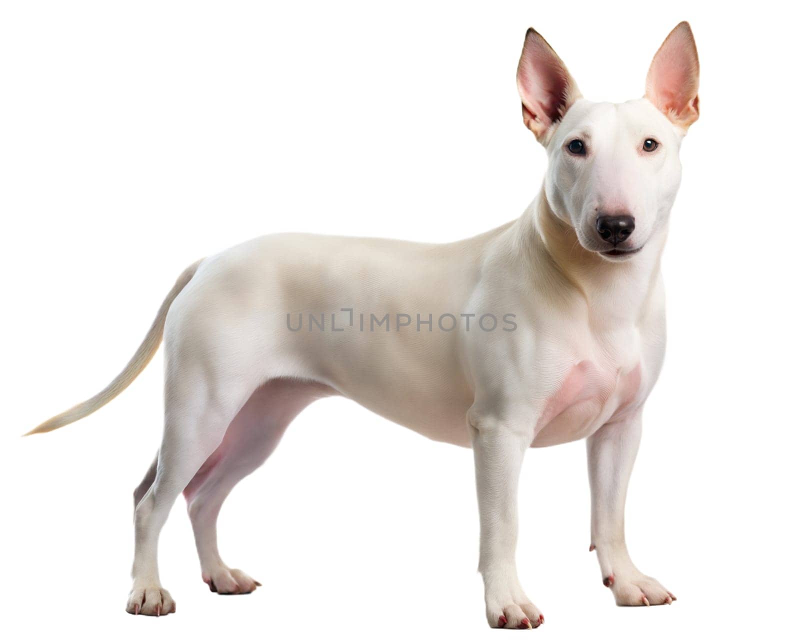 White bull terrier dog standing and looking at camera, isolated on white background. Ai generated