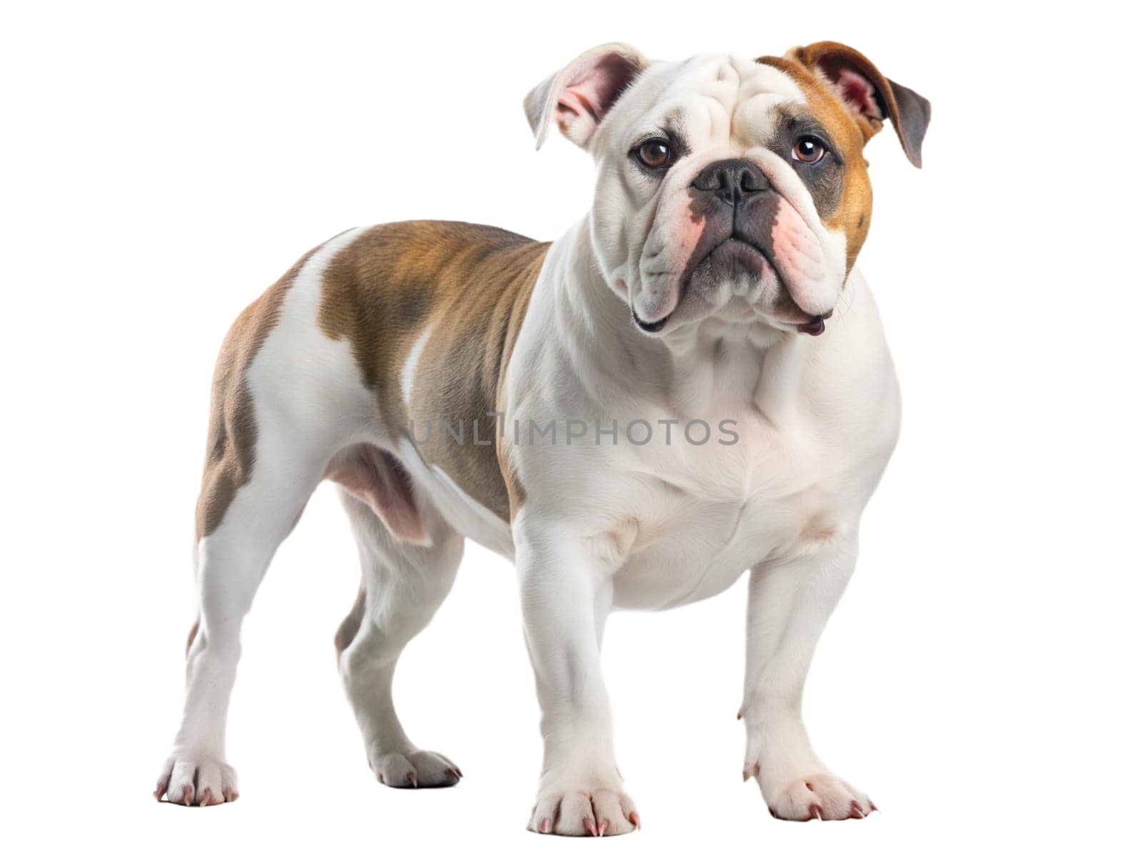 English bulldog standing and looking at camera, isolated on white background. Ai generated
