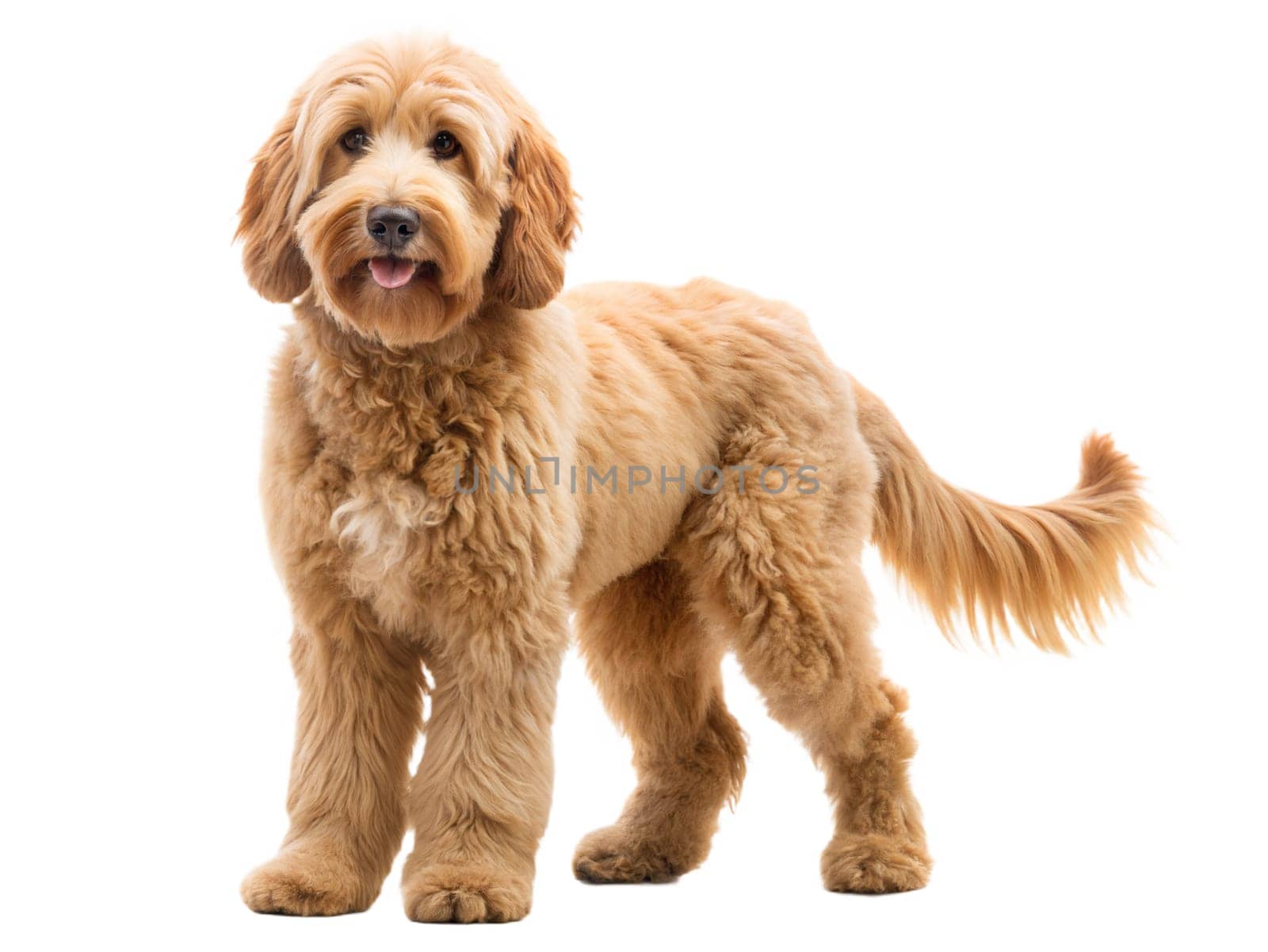 Apricot or red Australian Cobberdog or Labradoodle standing and Looking at camera. Isolated on white background. ai generated image