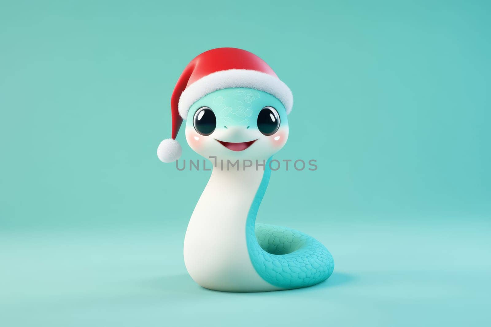 Cartoon blue snake in santa hat on blue background