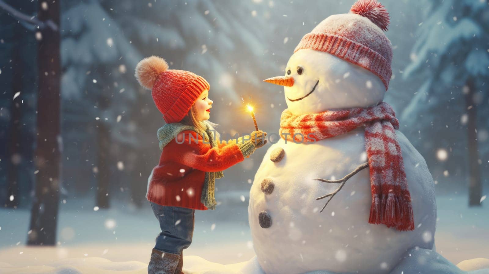 Kids building snow man playing outdoors on sunny snowy winter day. Outdoor family fun on Christmas vacation