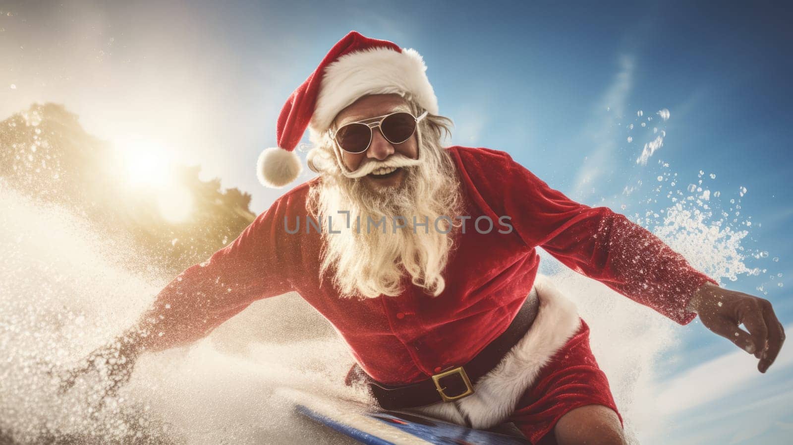 Santa Claus on surf board in ocean. Santa Claus on vacation. Surfing Santa. Santa goes Surfing