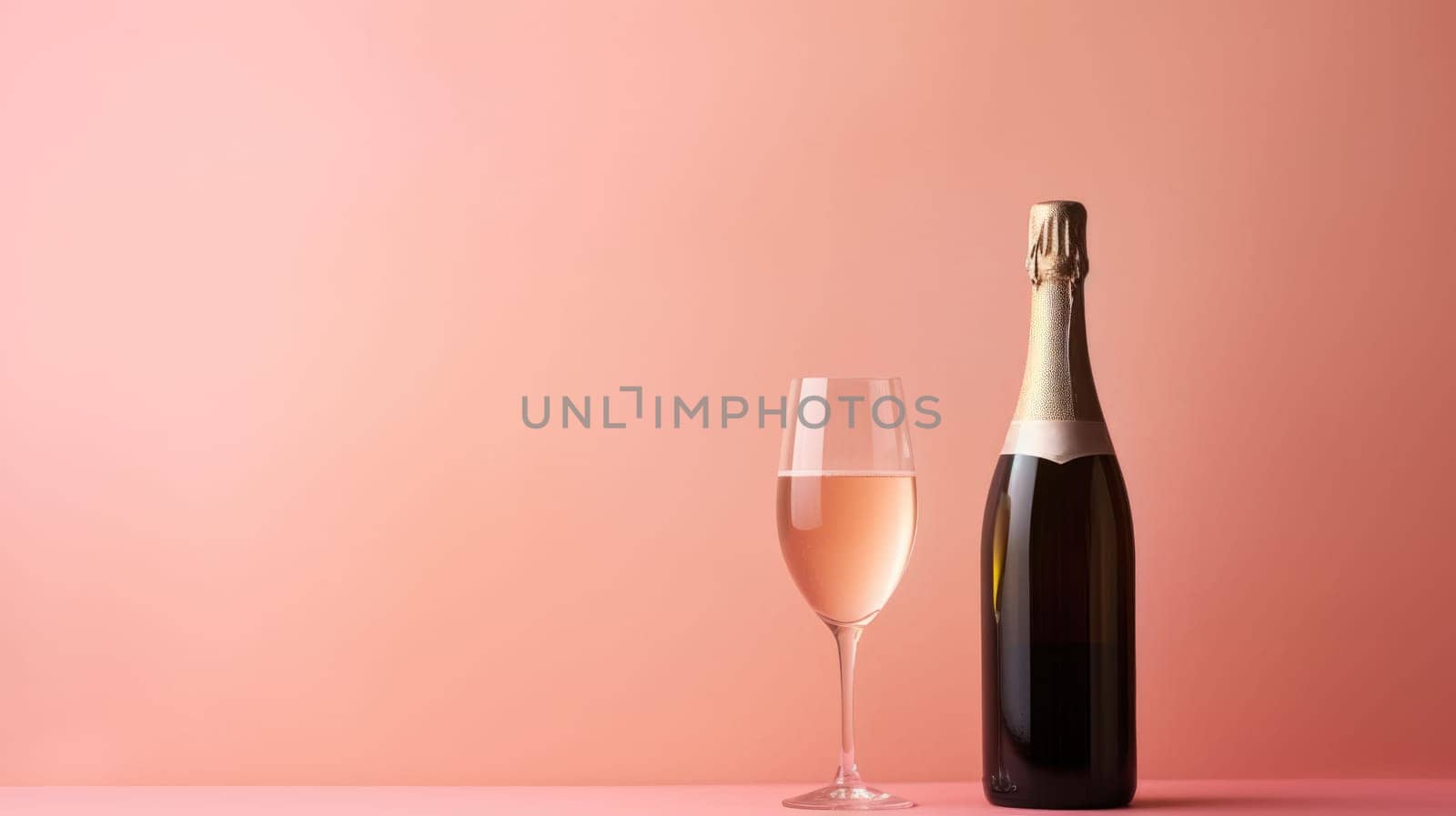 champagne glass with pink champagne on a pink background with pink balloons. Mockup design.