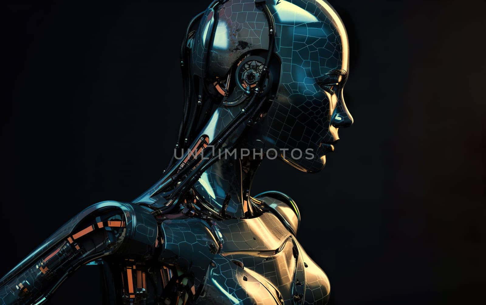 This is a detailed close up of a robots head adorned with headphones, highlighting its intricate design and features