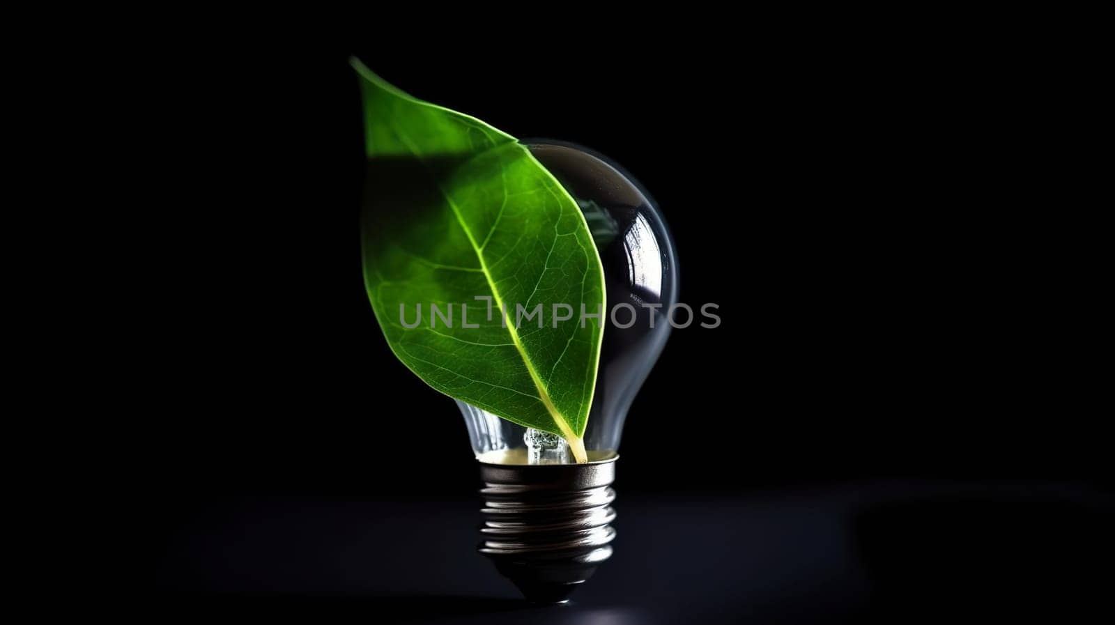 There is a unique light bulb that contains green leaves within it, set against a vibrant green background that enhances its beauty