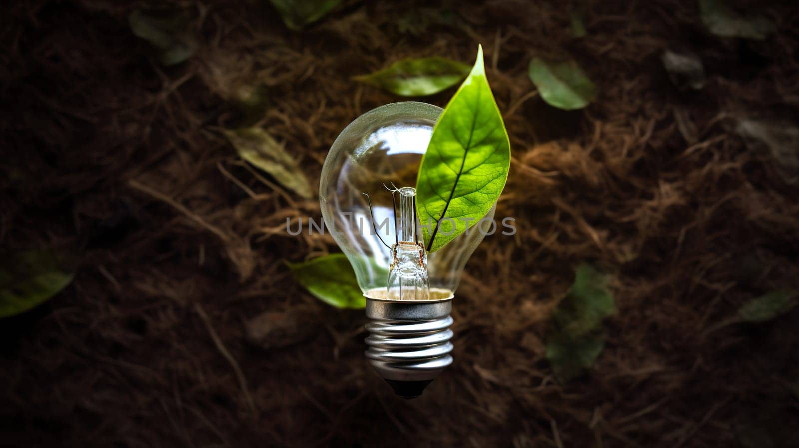 A bright light bulb is beautifully surrounded by lush green leaves, set against a dark background that enhances its glow and brilliance