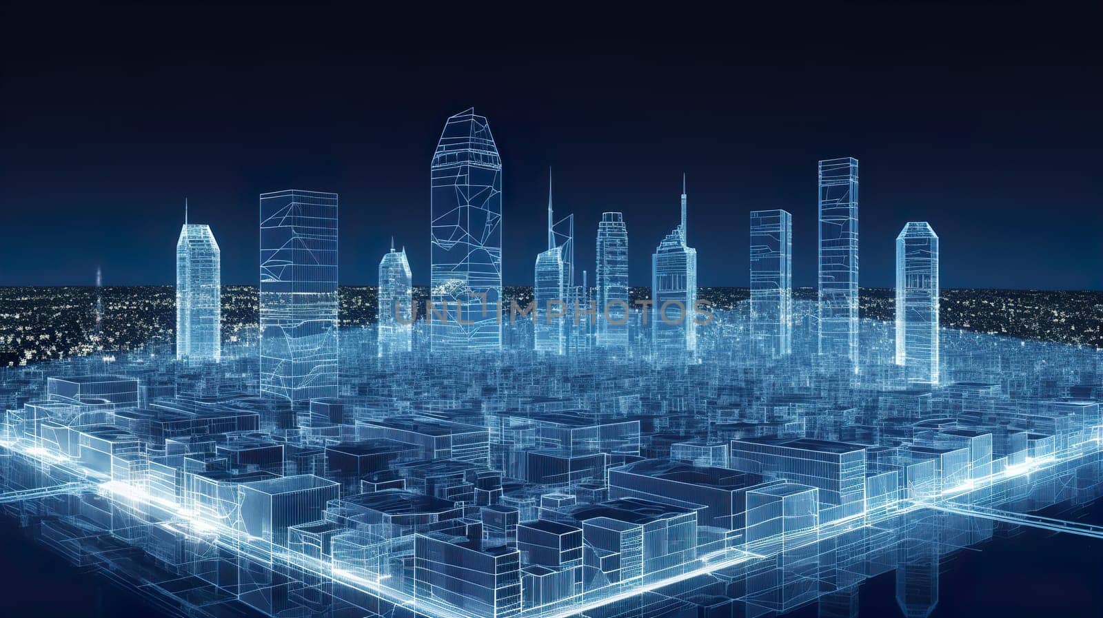 An expansive aerial view of a stunning futuristic city, illuminated beautifully at night, showcasing its vibrant energy and innovation