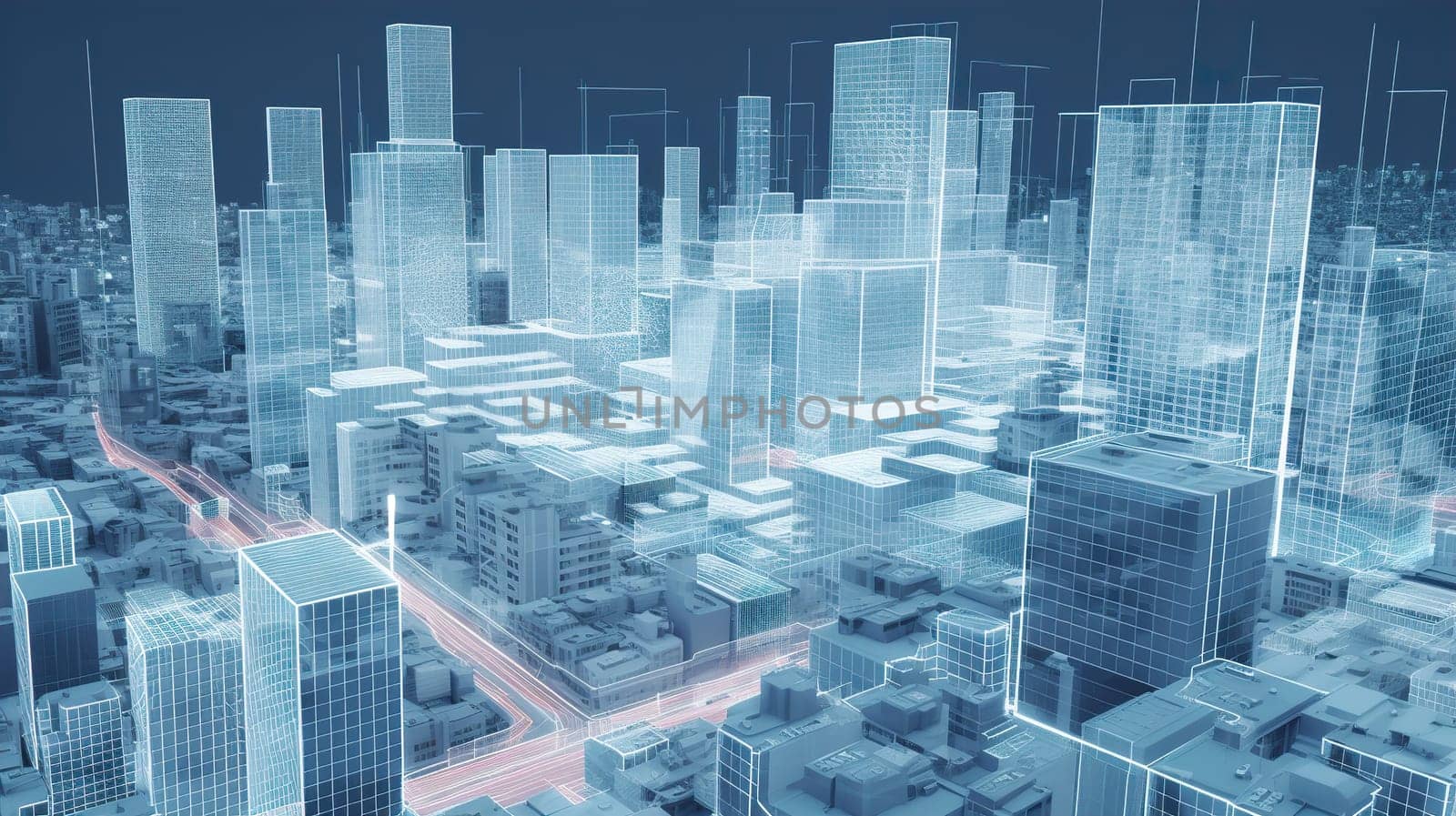An incredibly stunning aerial view showcasing a futuristic city at night, filled with vibrant lights and modern architecture, is truly mesmerizing