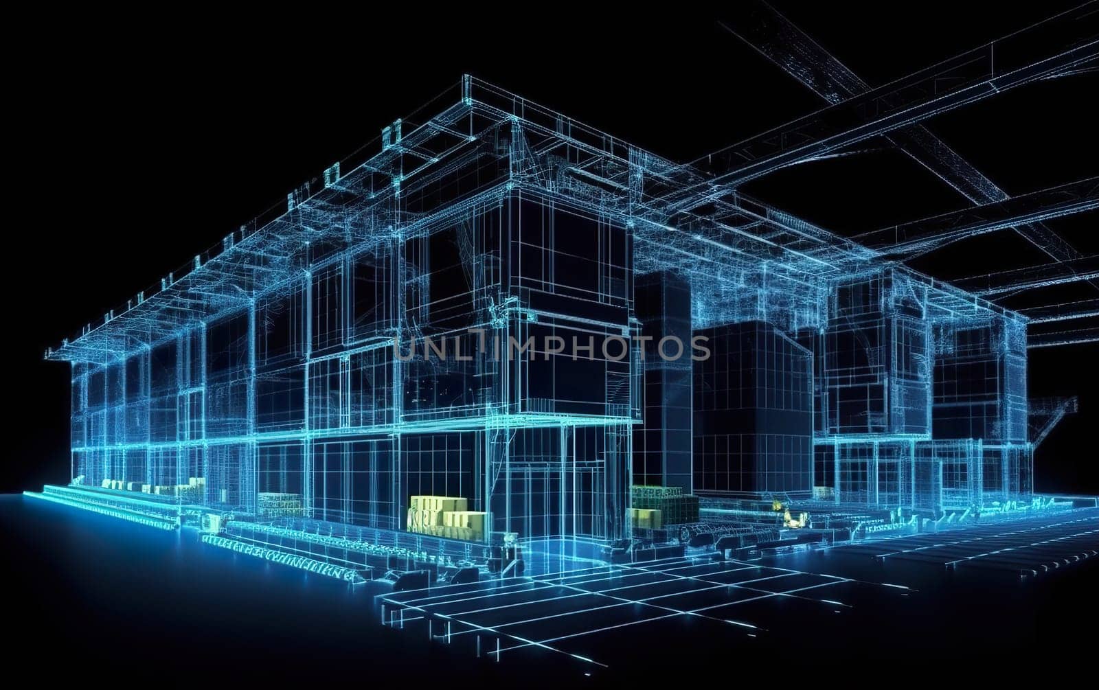This is a computer generated image that showcases a building prominently displayed against a striking black background, creating a vivid contrast