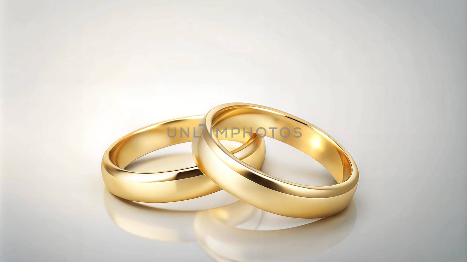 Two golden rings on light grey background. Ai generated image