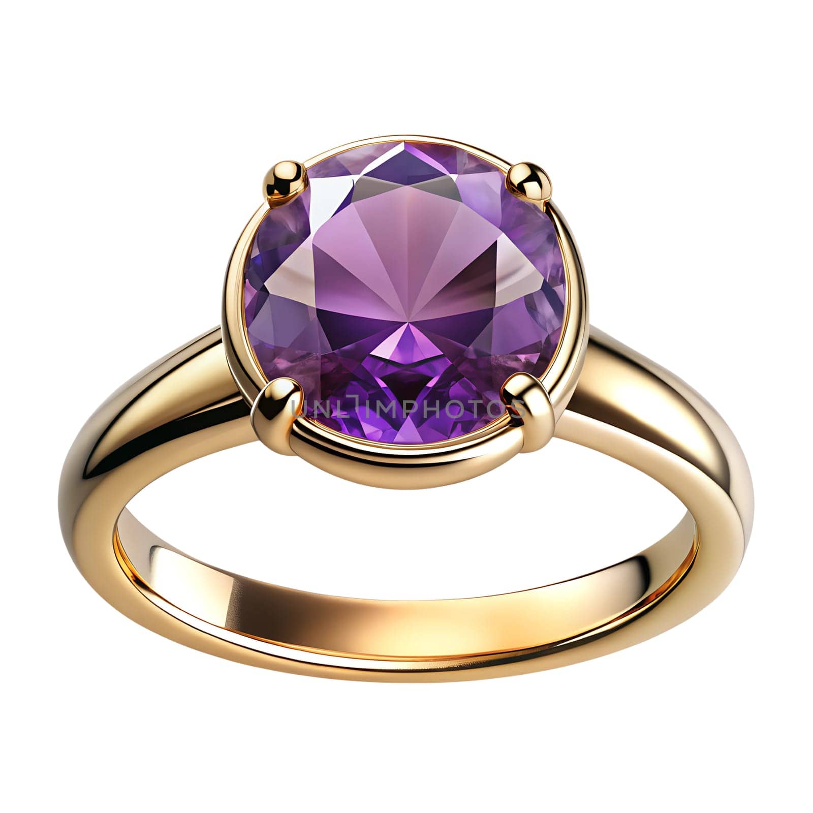 Gold ring with natural amethyst, isolated on white background. Front view. Ai generated