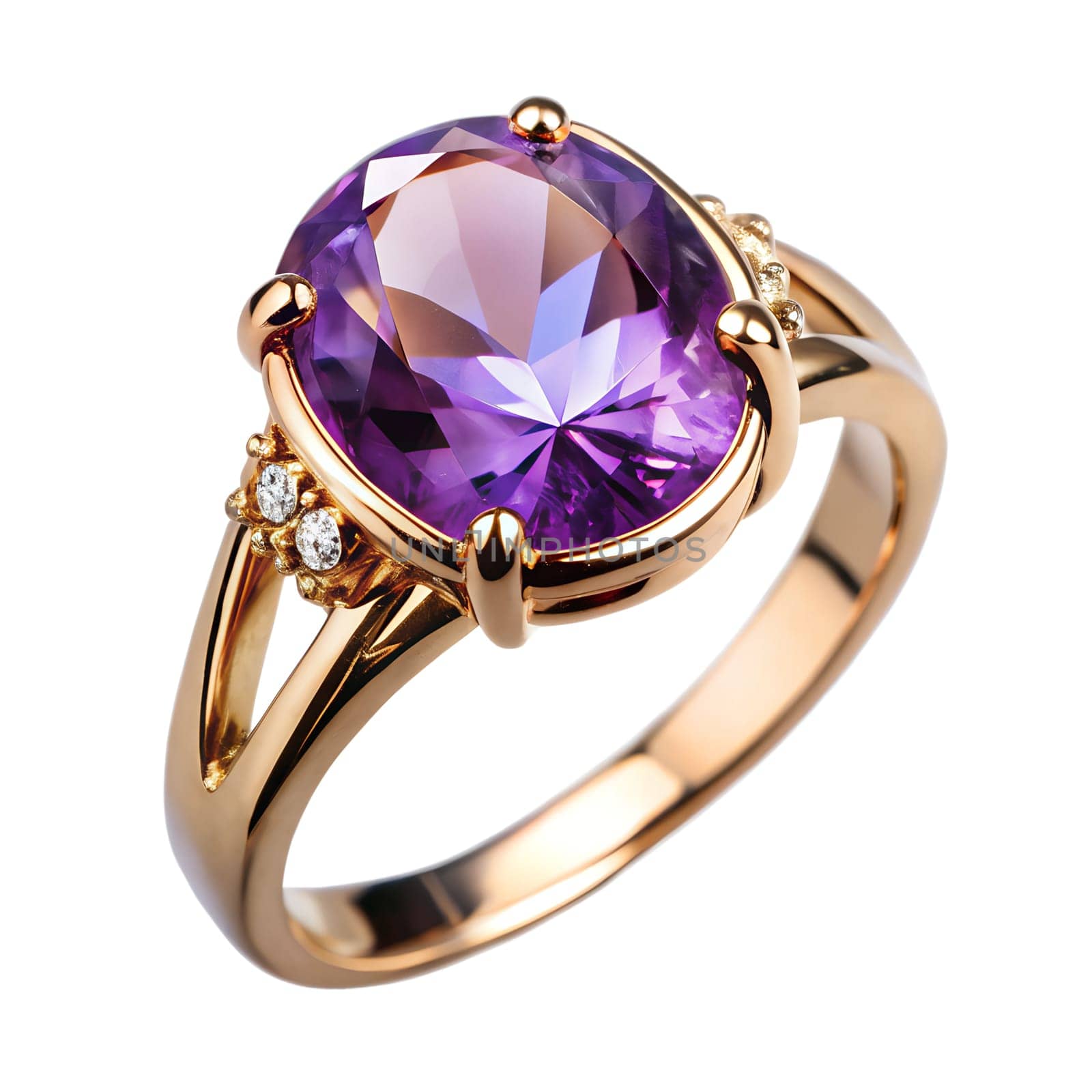 Gold ring with natural amethyst and diamonds, isolated on white background. Ai generated