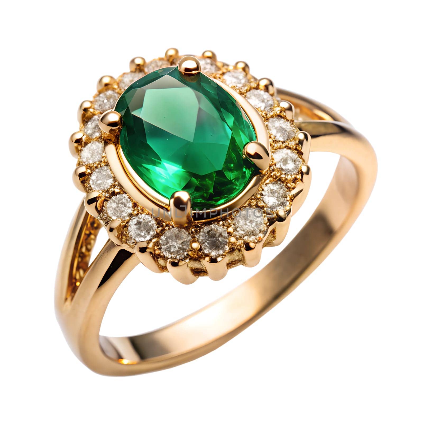 Gold ring with green sapphire and diamond, isolated on white background. Ai generated