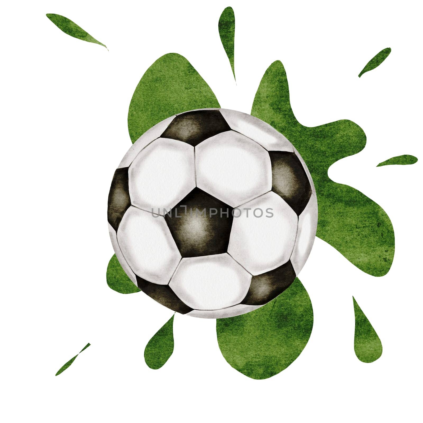 Soccer ball watercolor. Football ball and green splashes hand drawn illustration isolated on white background. Sports equipment. For football club logo, poster and football match tickets. High quality illustration