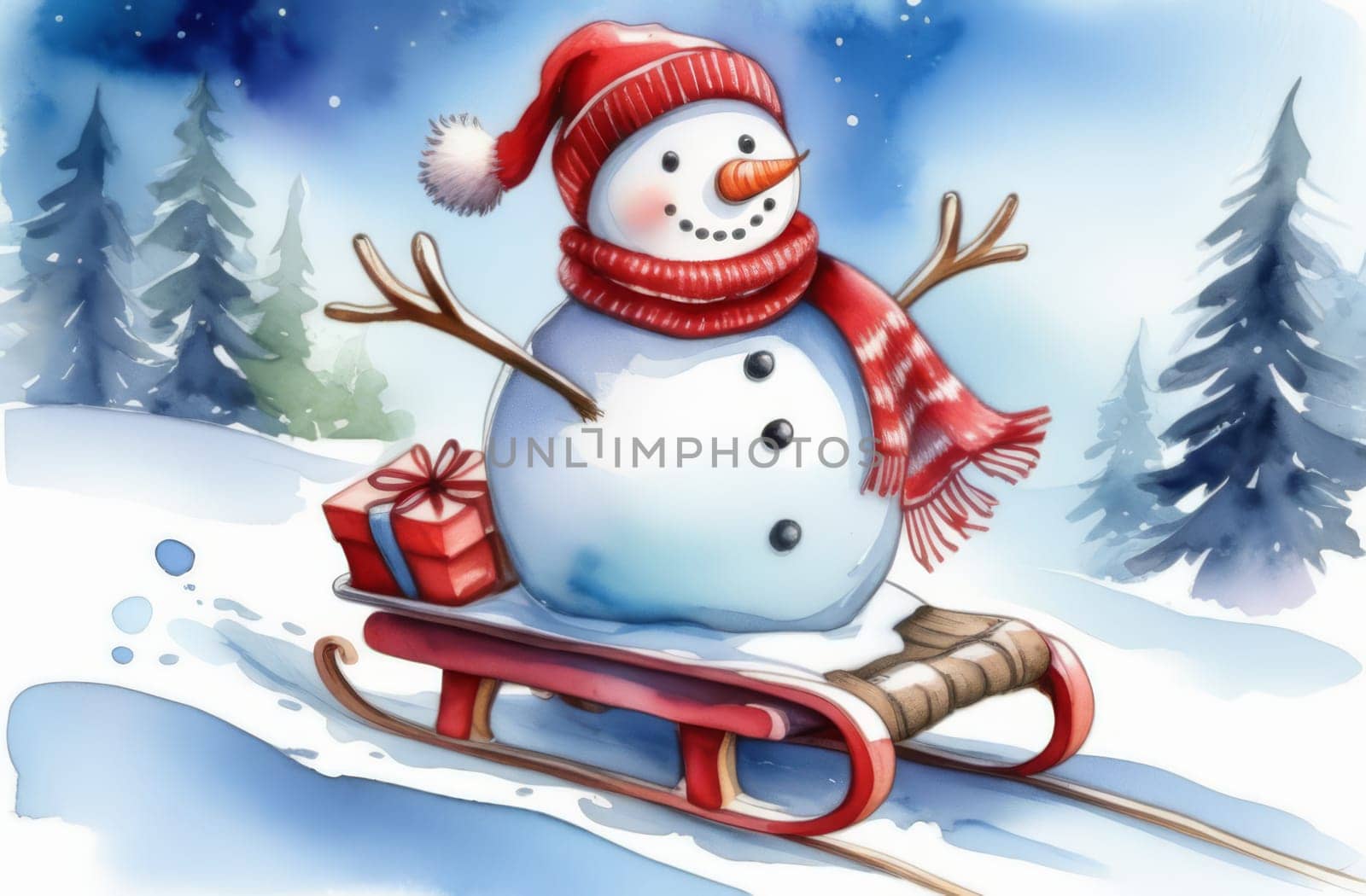 A snowman is riding down a sled with presents